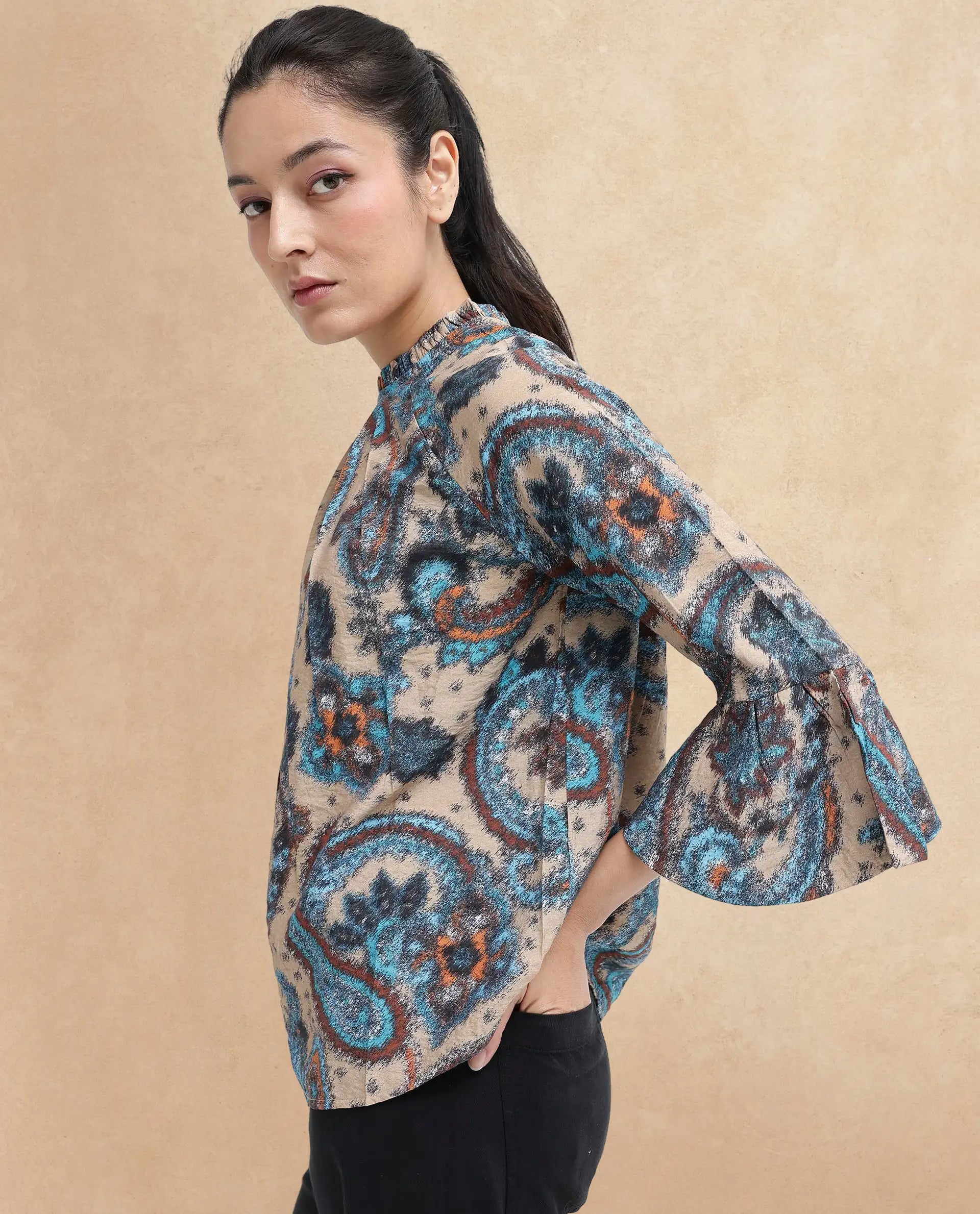 Rareism Women Lavand Multi Raglan Sleeves Ruffled Neck Button Paisley Print Top