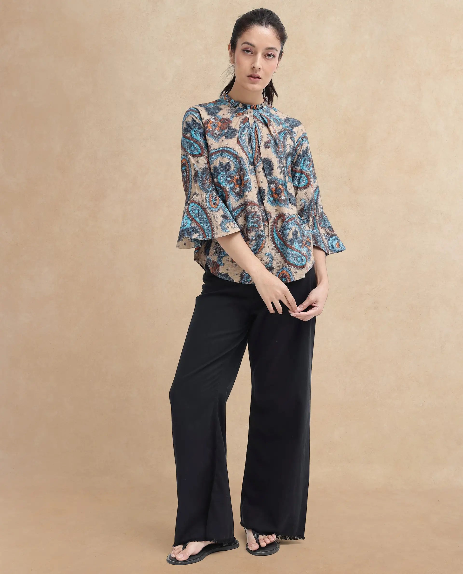 Rareism Women Lavand Multi Raglan Sleeves Ruffled Neck Button Paisley Print Top