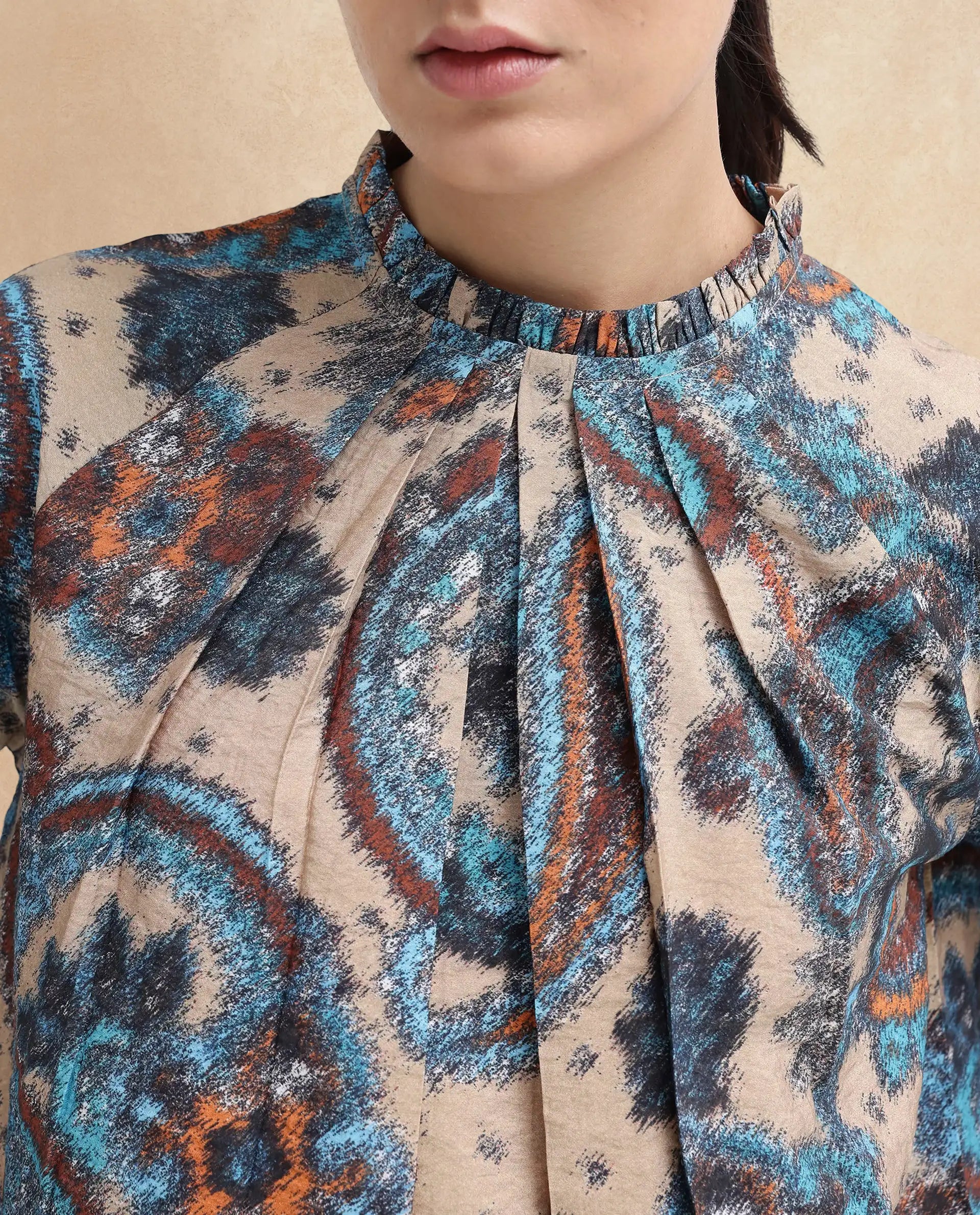 Rareism Women Lavand Multi Raglan Sleeves Ruffled Neck Button Paisley Print Top