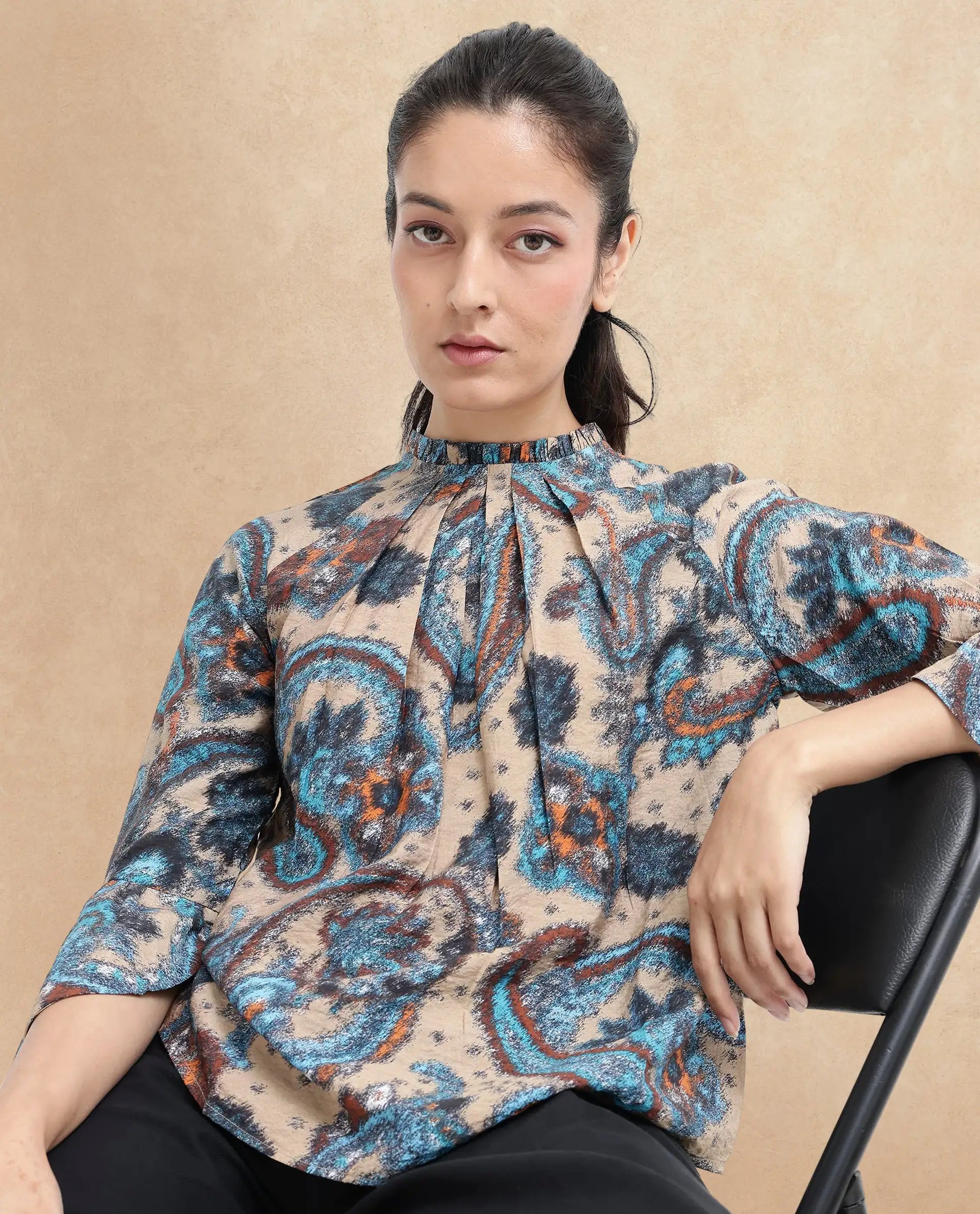 Rareism Women Lavand Multi Raglan Sleeves Ruffled Neck Button Paisley Print Top