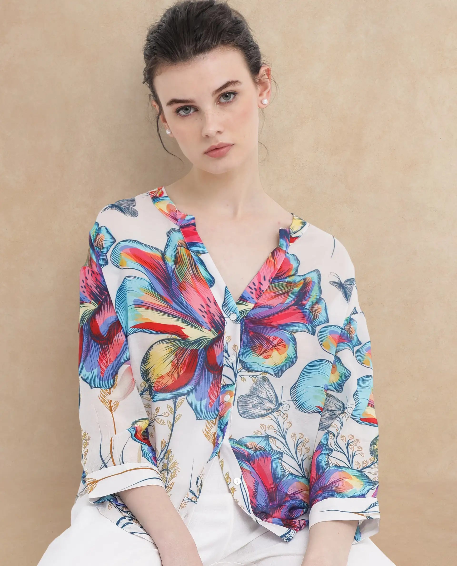 Rareism Women Layton Multi Rayon Nylon Fabric Balloon Sleeve Tie Up Neck Abstract Print Regular Length Top