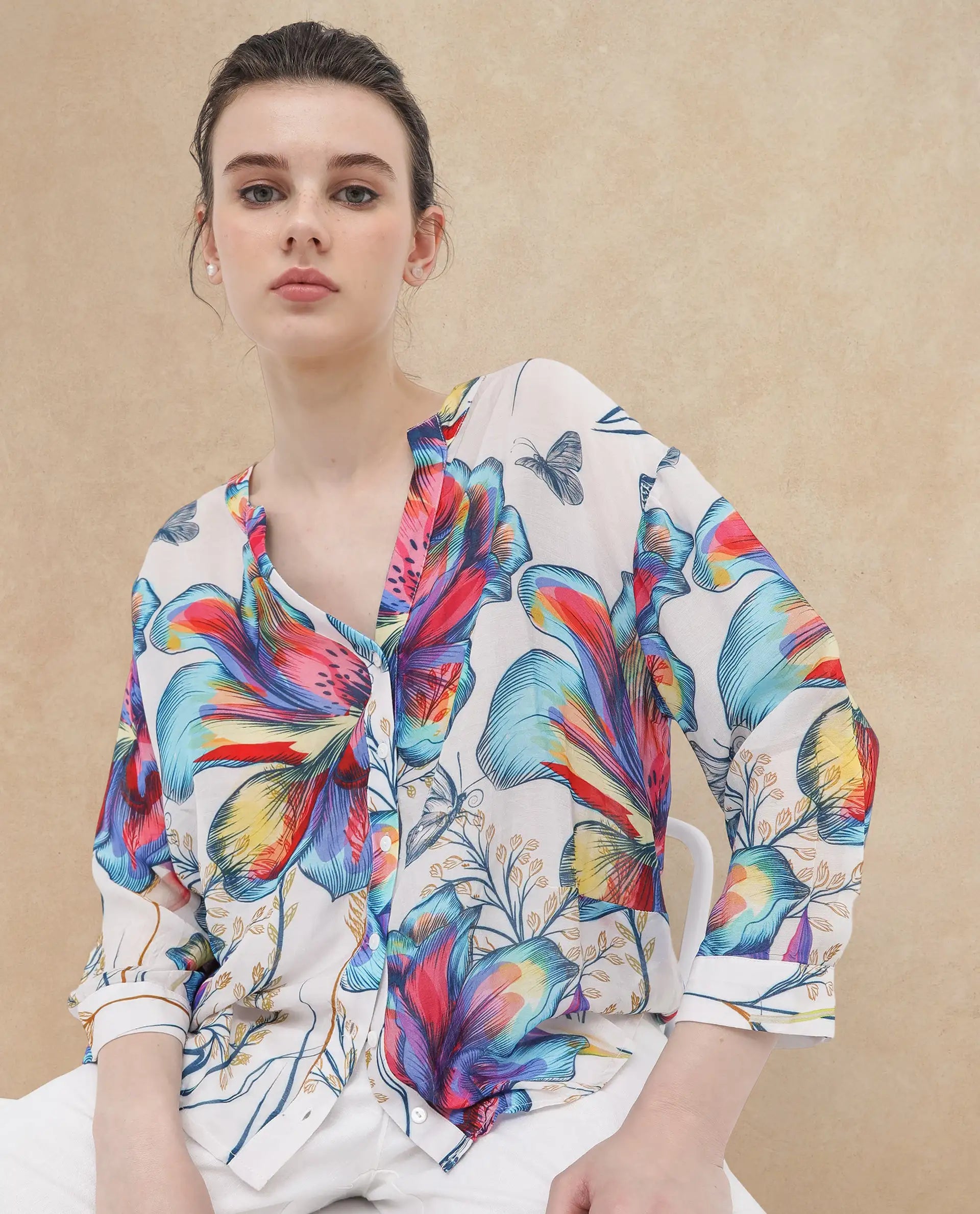 Rareism Women Layton Multi Rayon Nylon Fabric Balloon Sleeve Tie Up Neck Abstract Print Regular Length Top