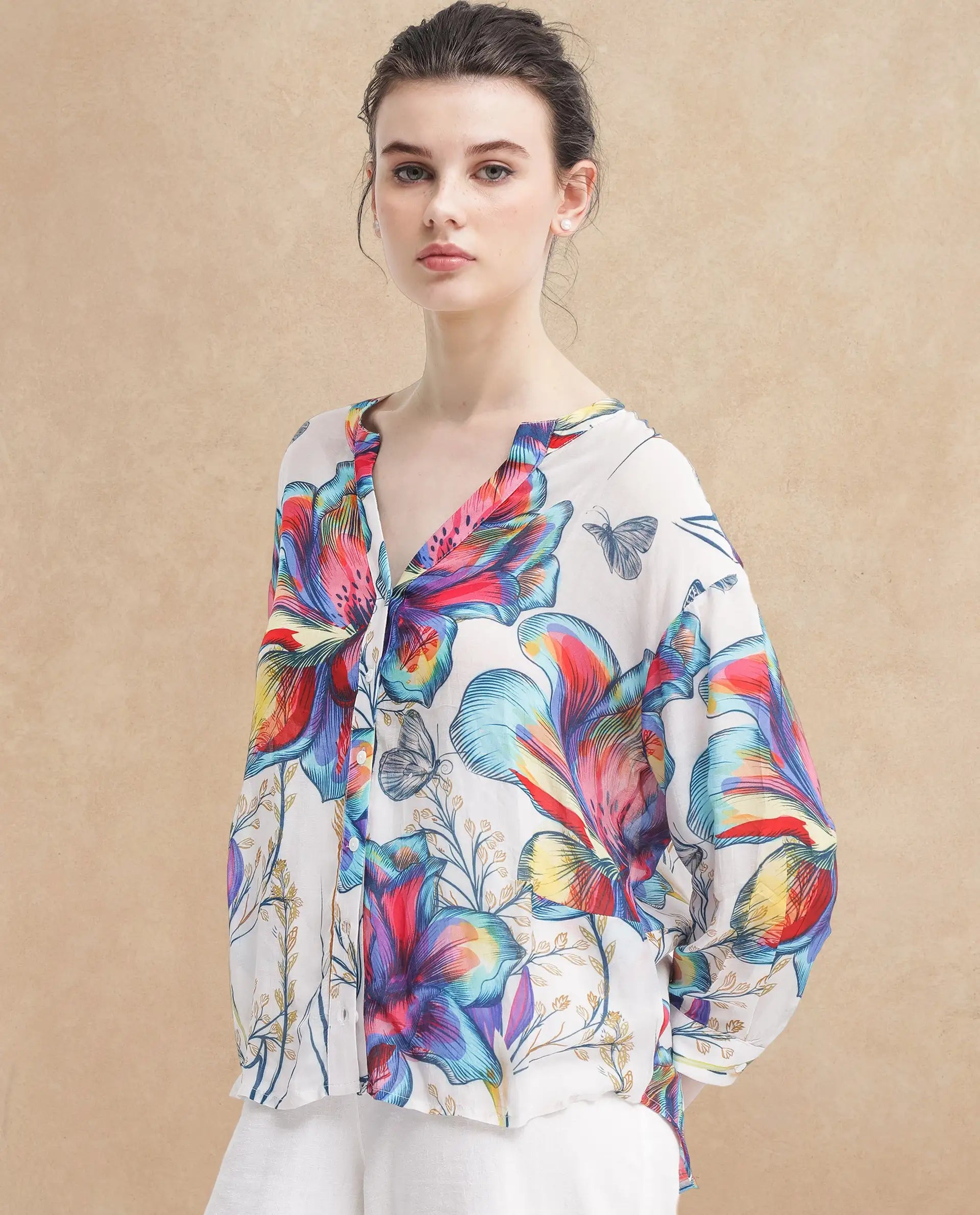 Rareism Women Layton Multi Rayon Nylon Fabric Balloon Sleeve Tie Up Neck Abstract Print Regular Length Top