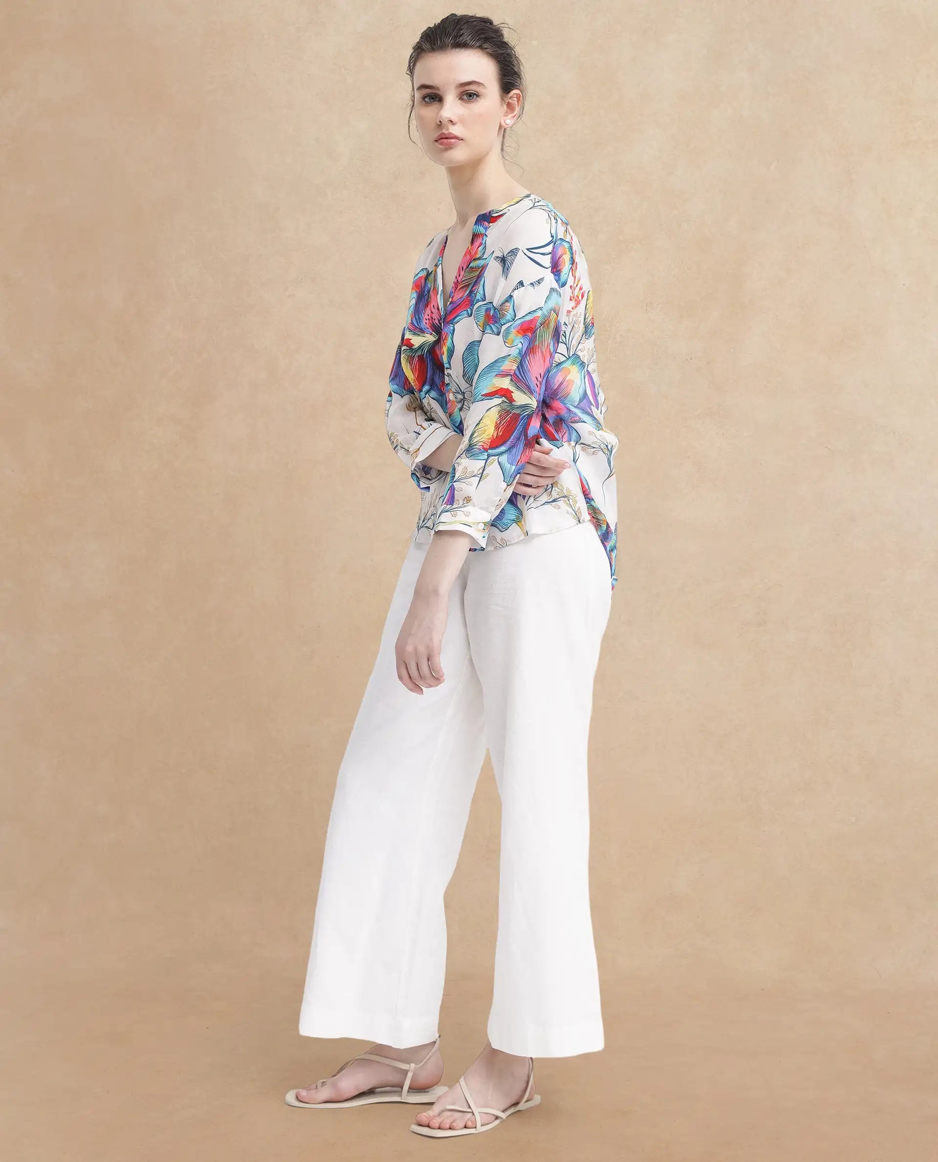 Rareism Women Layton Multi Rayon Nylon Fabric Balloon Sleeve Tie Up Neck Abstract Print Regular Length Top