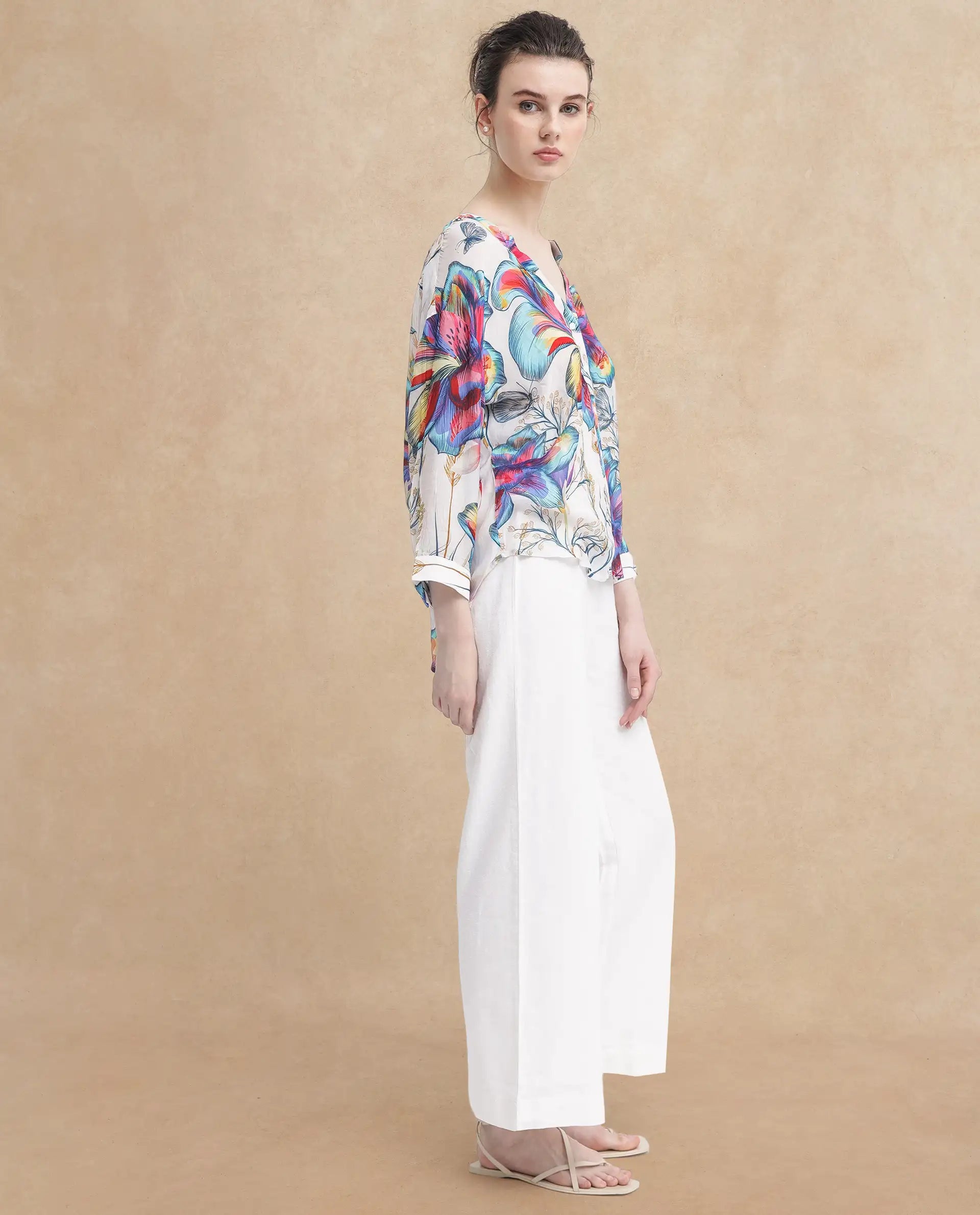 Rareism Women Layton Multi Rayon Nylon Fabric Balloon Sleeve Tie Up Neck Abstract Print Regular Length Top