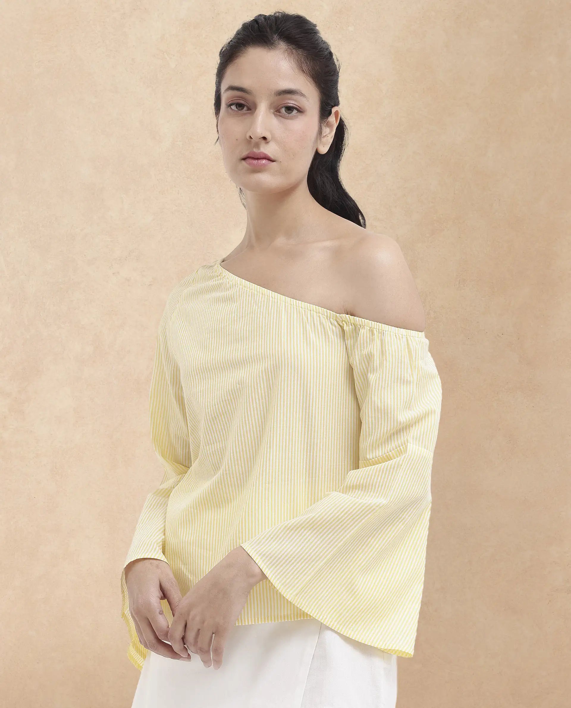 Rareism Women Leighton Pastel Yellow Cotton Fabric Full Sleeve One Shoulder   Stripe Top