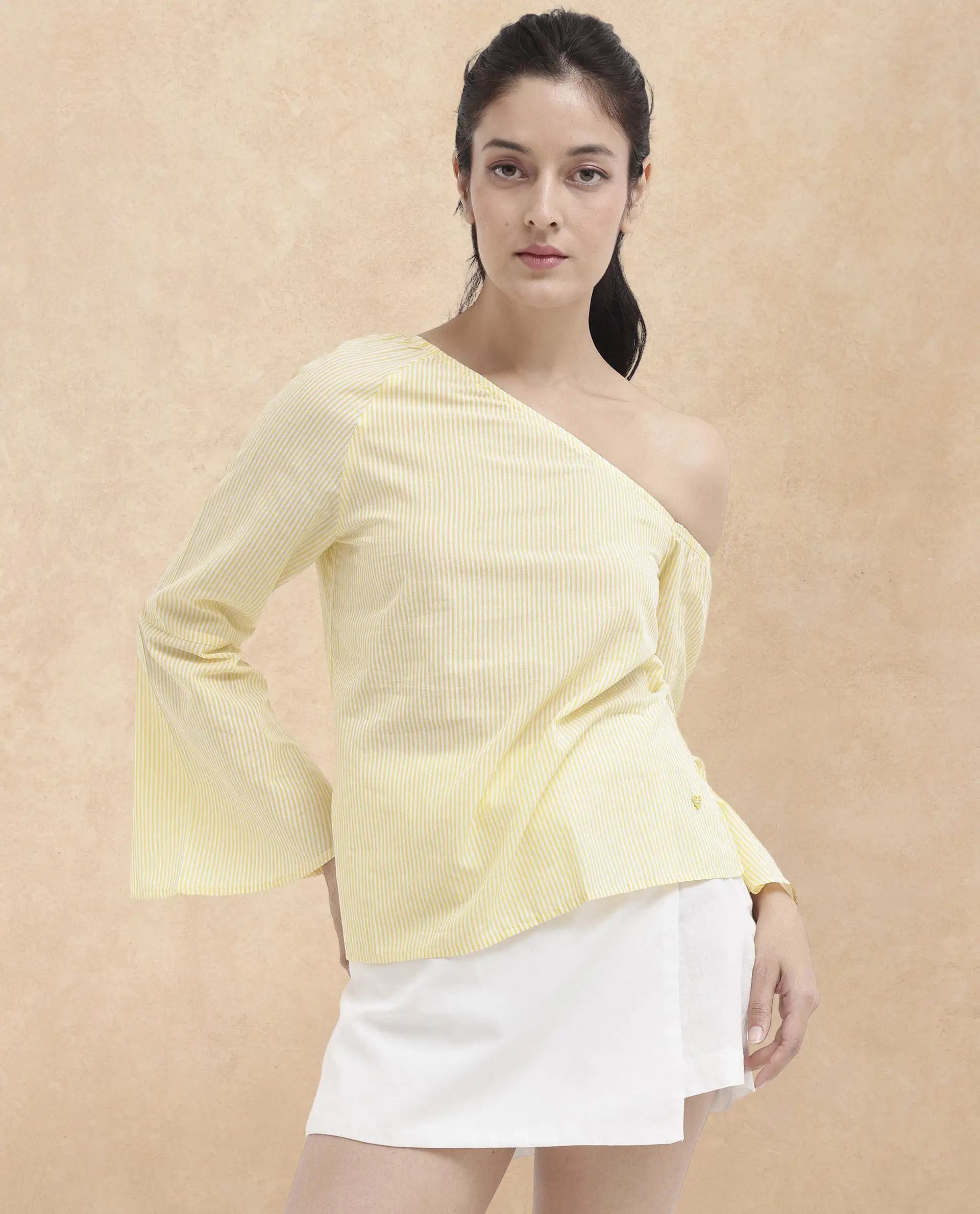 Rareism Women Leighton Pastel Yellow Cotton Fabric Full Sleeve One Shoulder   Stripe Top