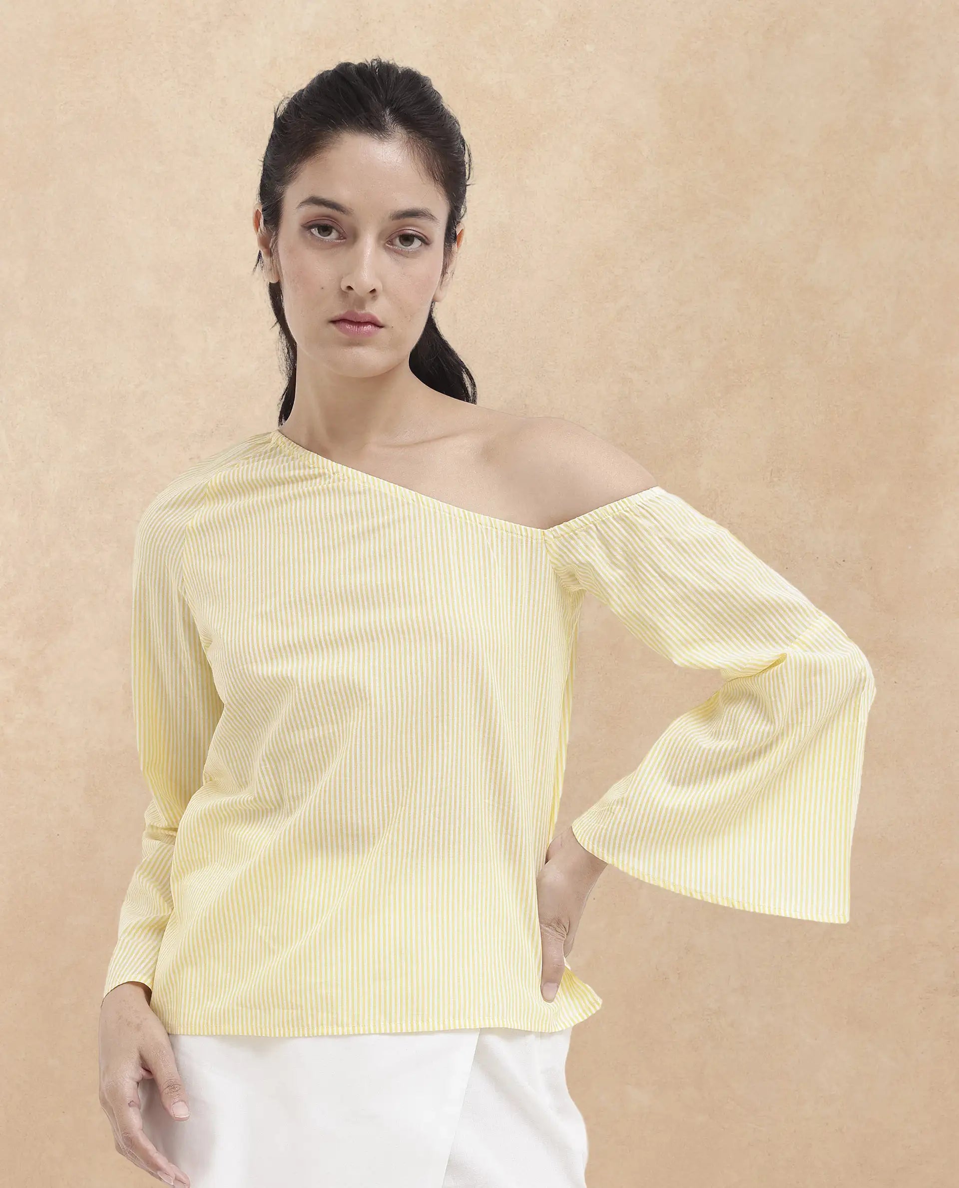 Rareism Women Leighton Pastel Yellow Cotton Fabric Full Sleeve One Shoulder   Stripe Top