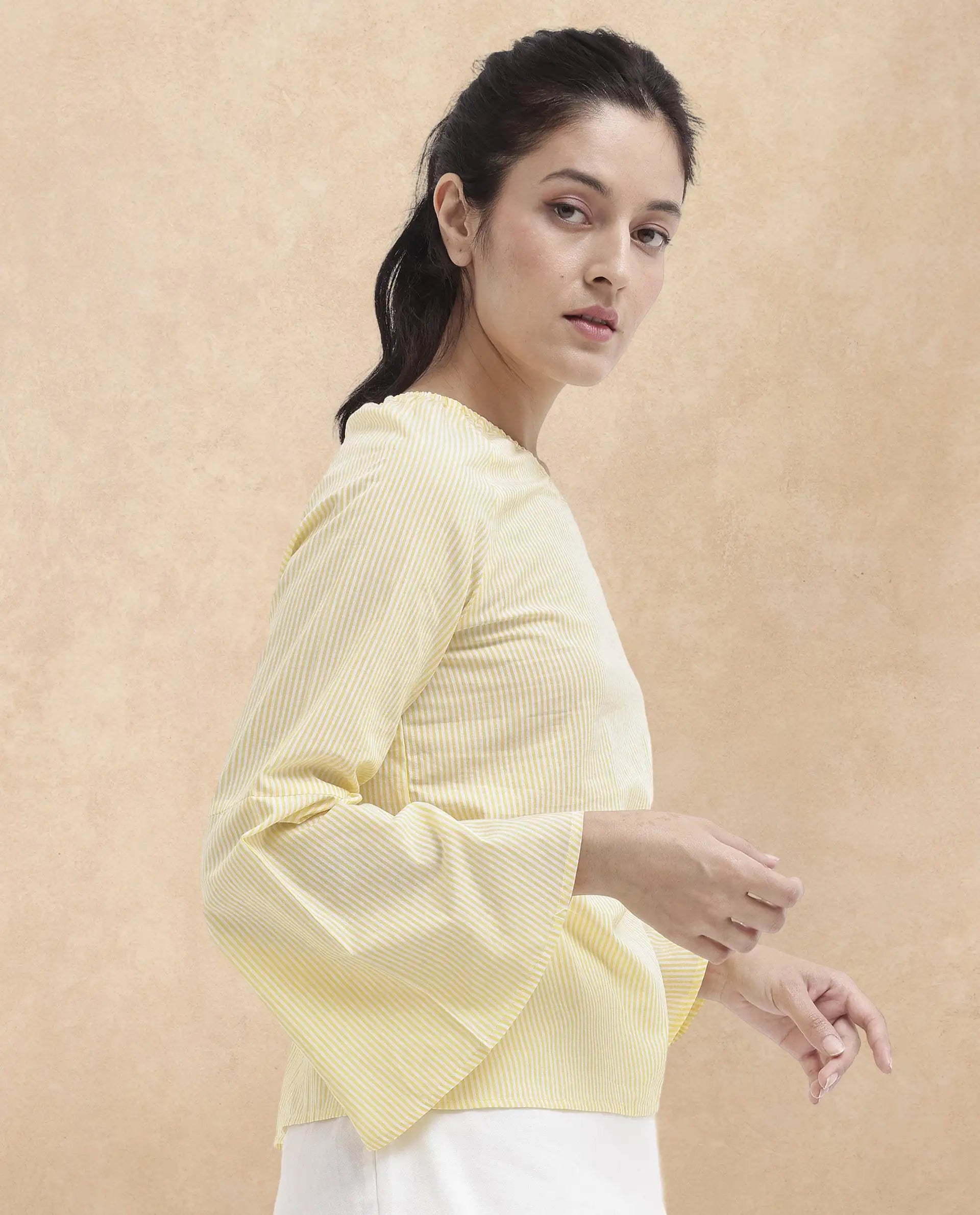 Rareism Women Leighton Pastel Yellow Cotton Fabric Full Sleeve One Shoulder   Stripe Top