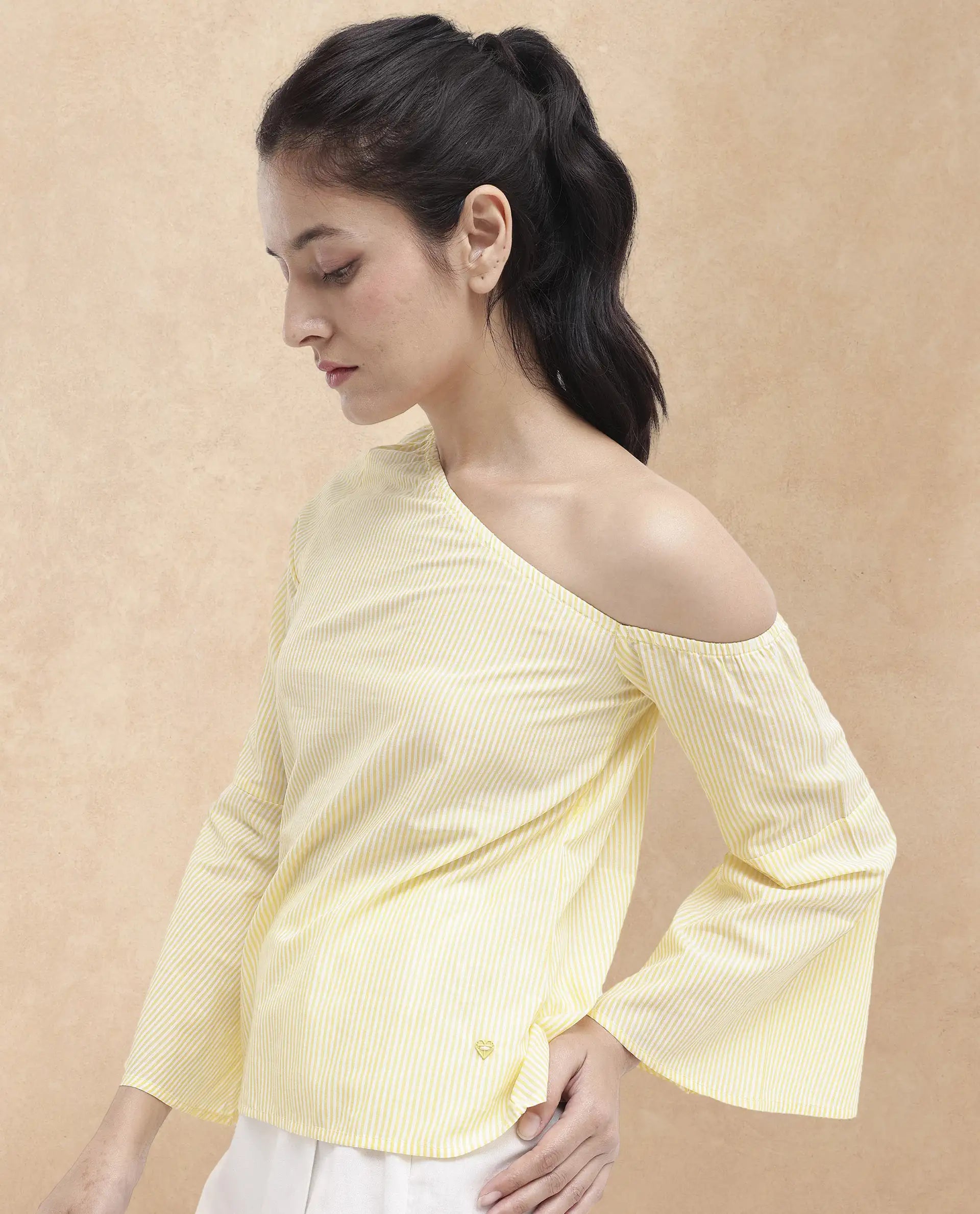 Rareism Women Leighton Pastel Yellow Cotton Fabric Full Sleeve One Shoulder   Stripe Top