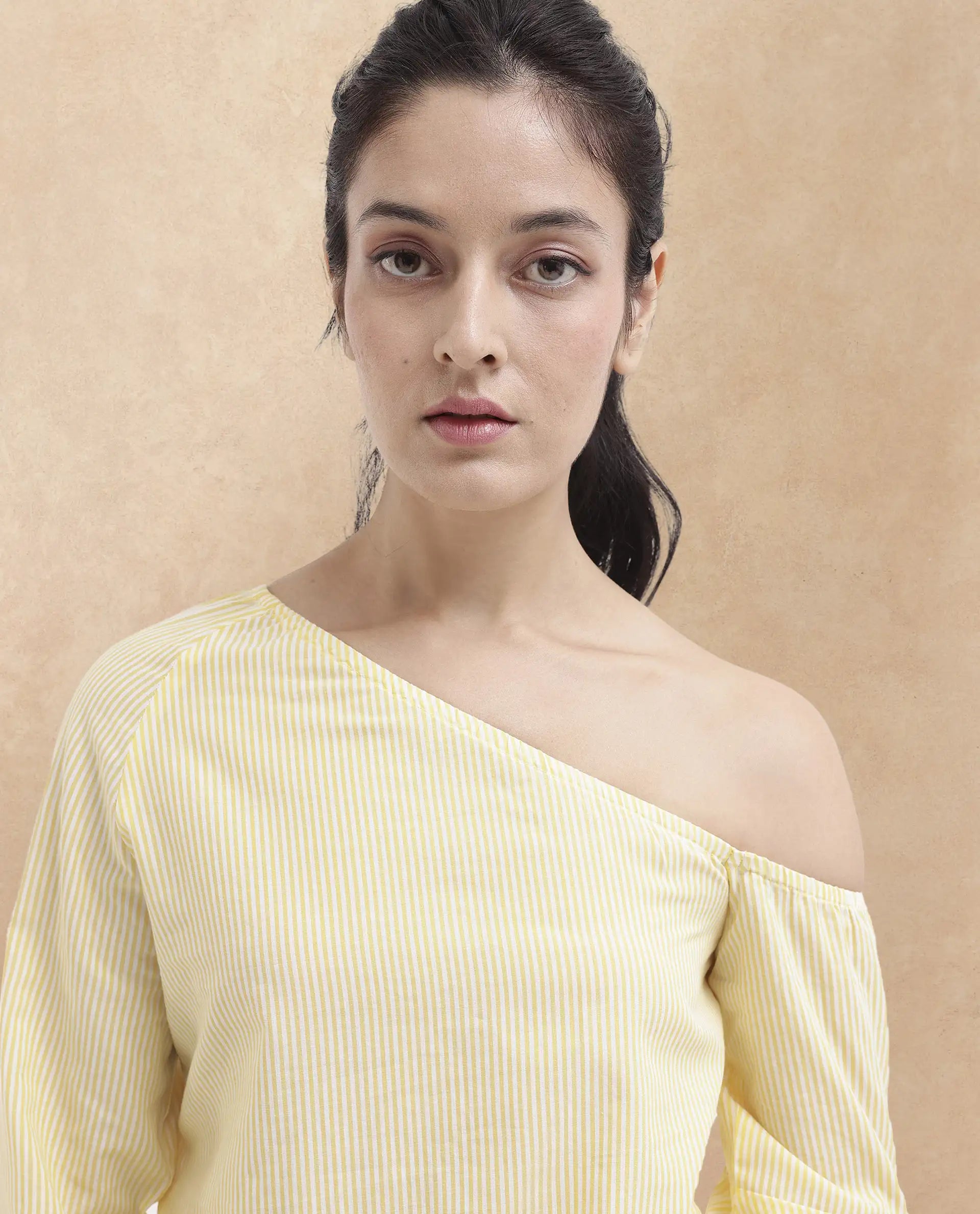 Rareism Women Leighton Pastel Yellow Cotton Fabric Full Sleeve One Shoulder   Stripe Top