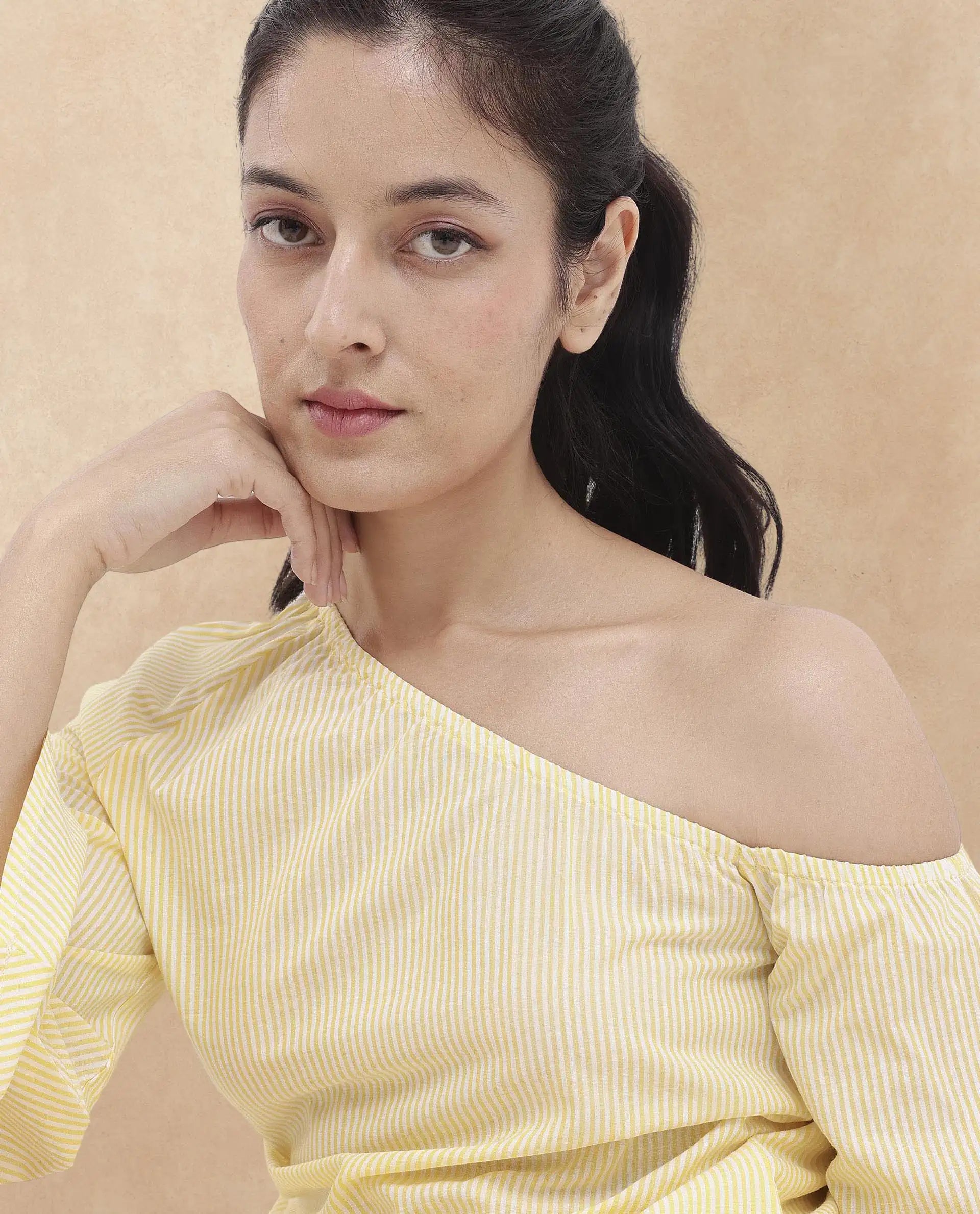 Rareism Women Leighton Pastel Yellow Cotton Fabric Full Sleeve One Shoulder   Stripe Top