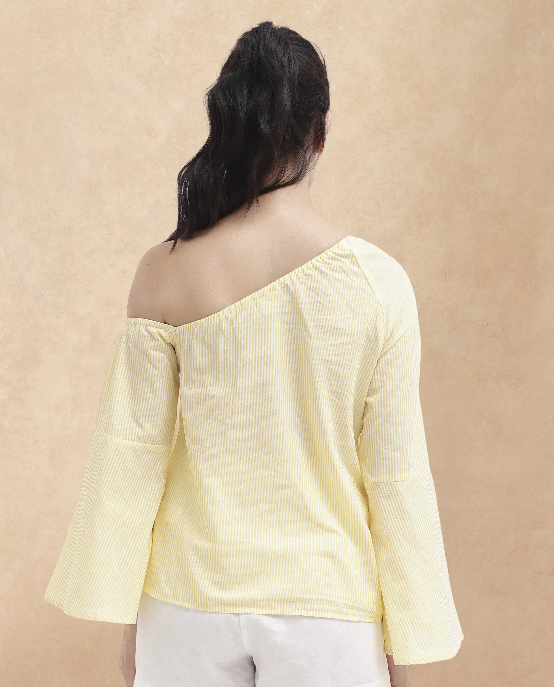 Rareism Women Leighton Pastel Yellow Cotton Fabric Full Sleeve One Shoulder   Stripe Top