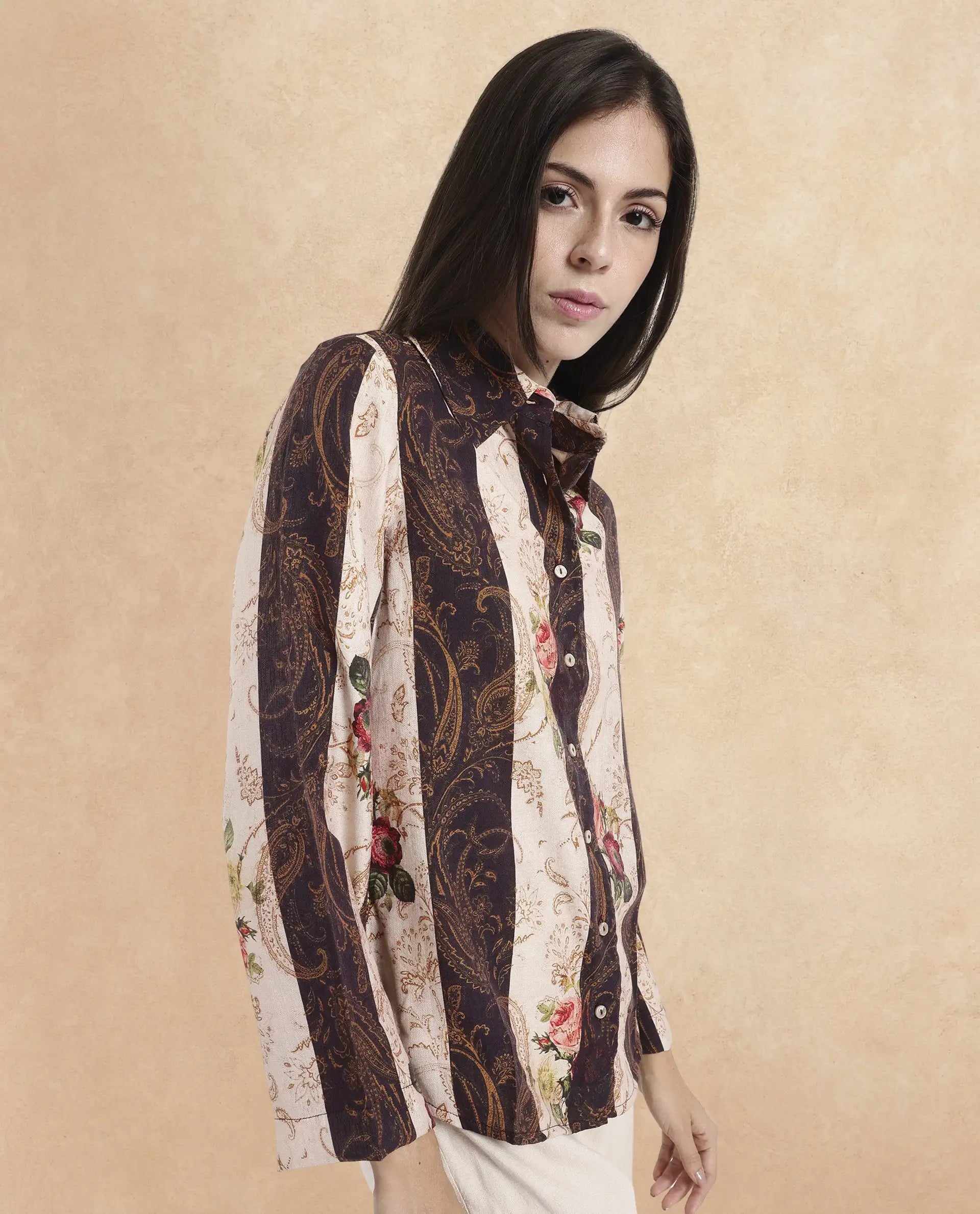 Rareism Women Lesent Multi Cuffed Sleeve Collared Collar Button Paisley Print Top