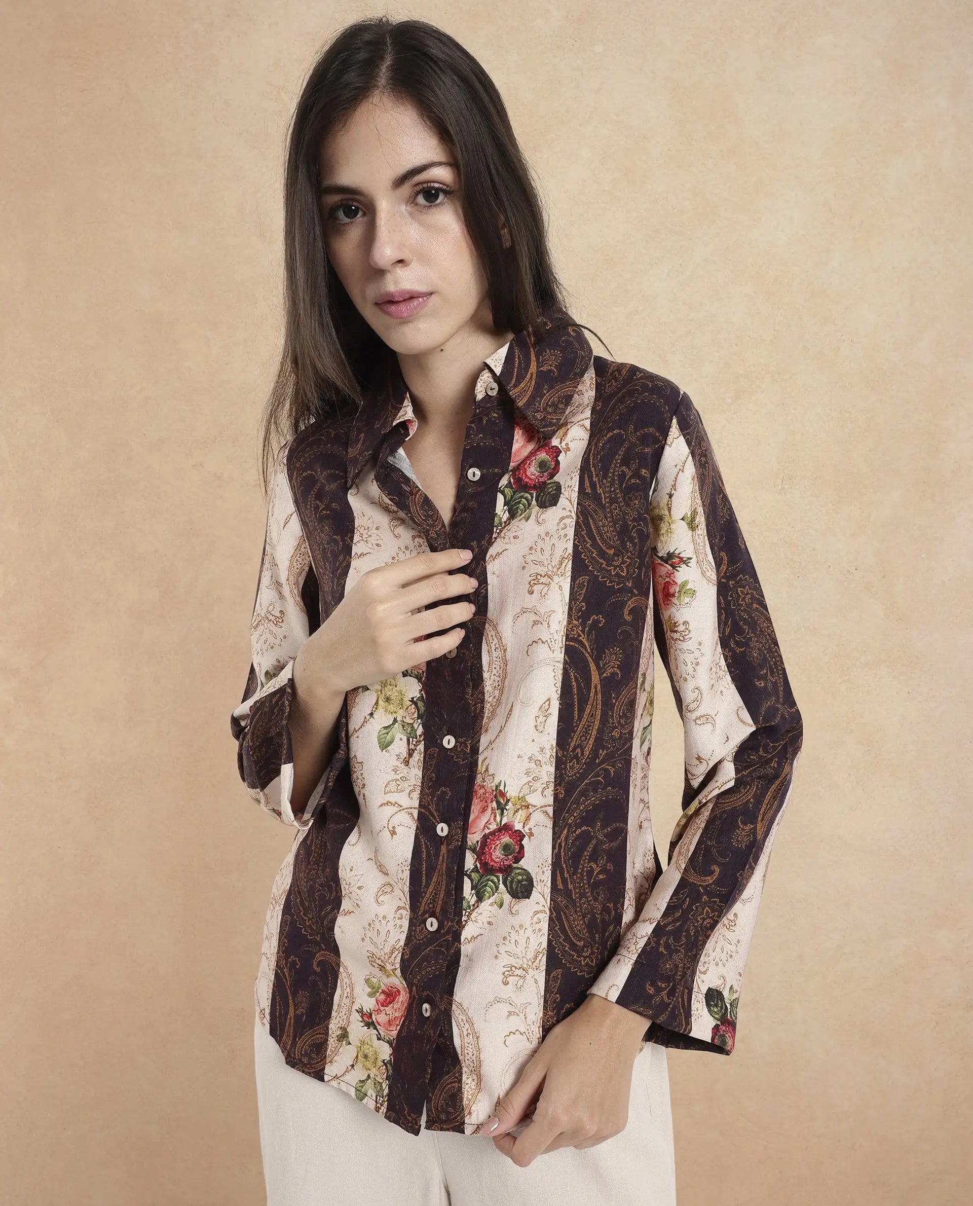 Rareism Women Lesent Multi Cuffed Sleeve Collared Collar Button Paisley Print Top