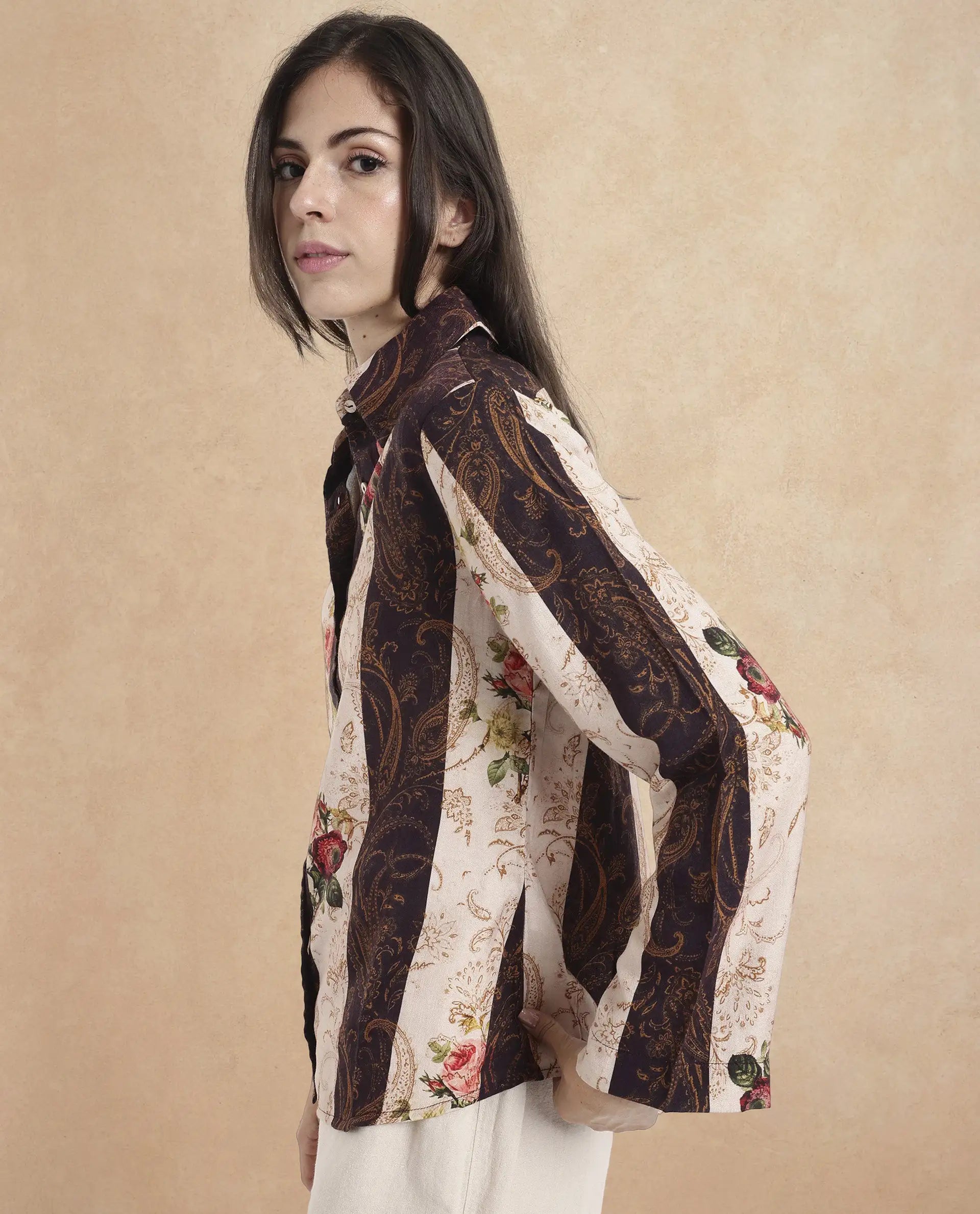 Rareism Women Lesent Multi Cuffed Sleeve Collared Collar Button Paisley Print Top