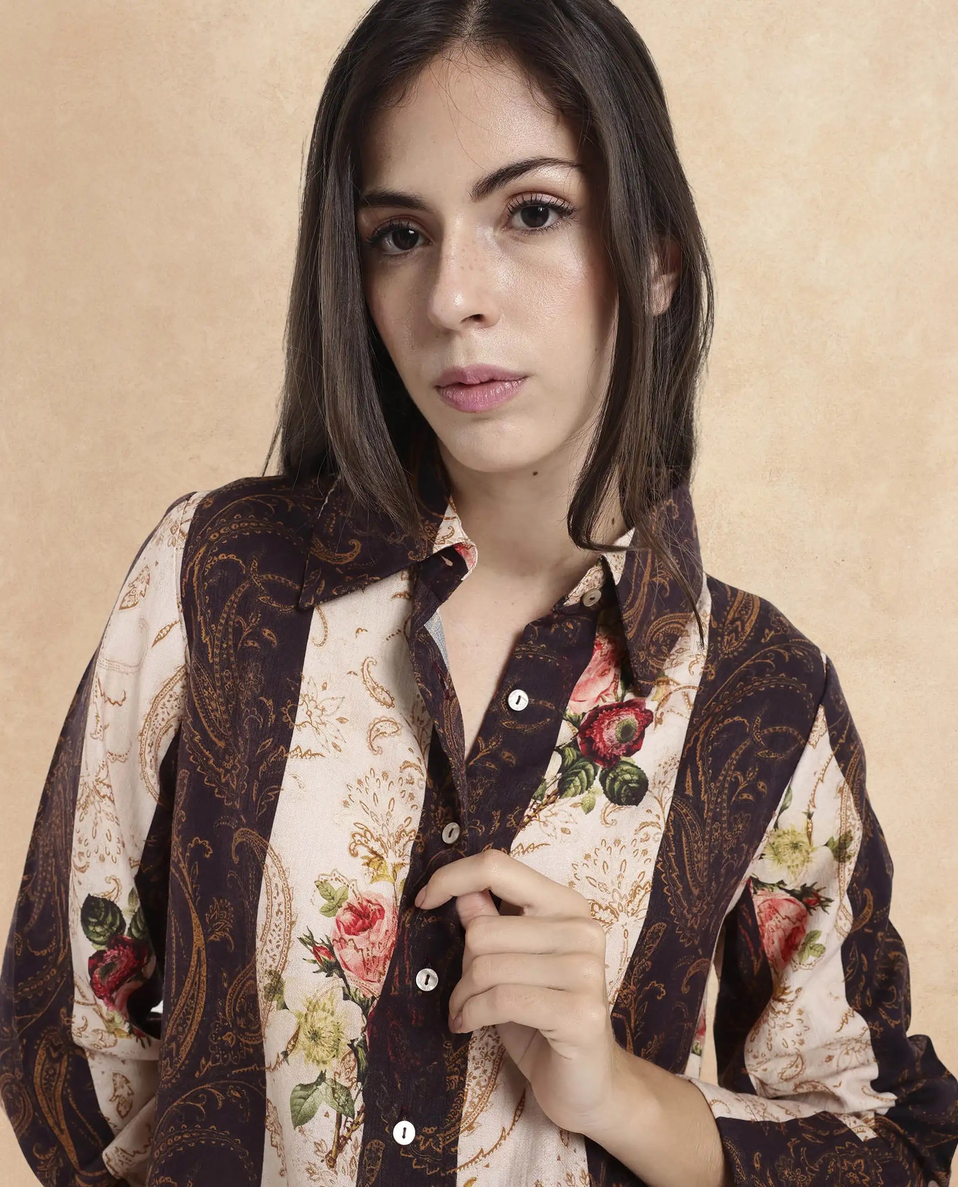 Rareism Women Lesent Multi Cuffed Sleeve Collared Collar Button Paisley Print Top