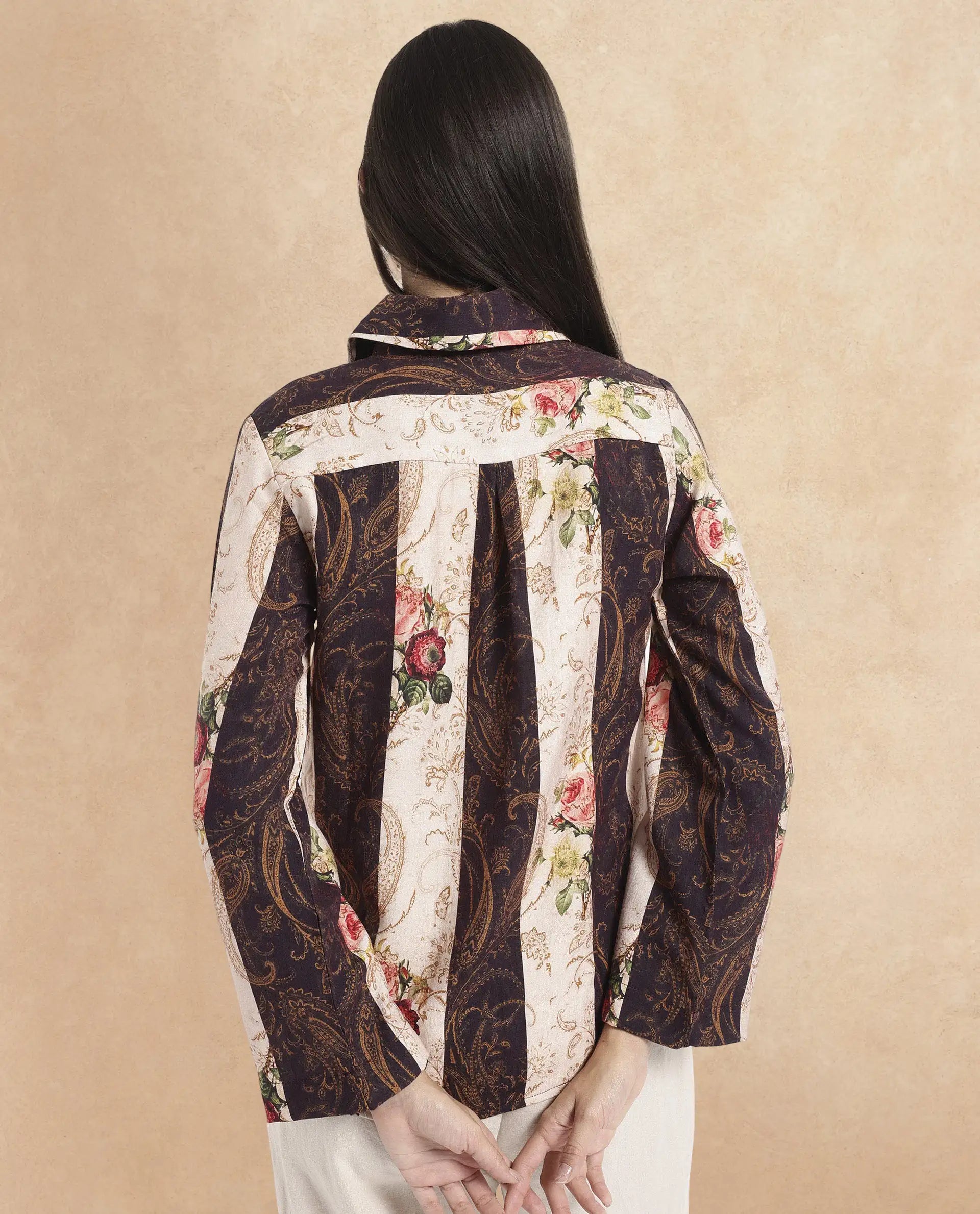 Rareism Women Lesent Multi Cuffed Sleeve Collared Collar Button Paisley Print Top