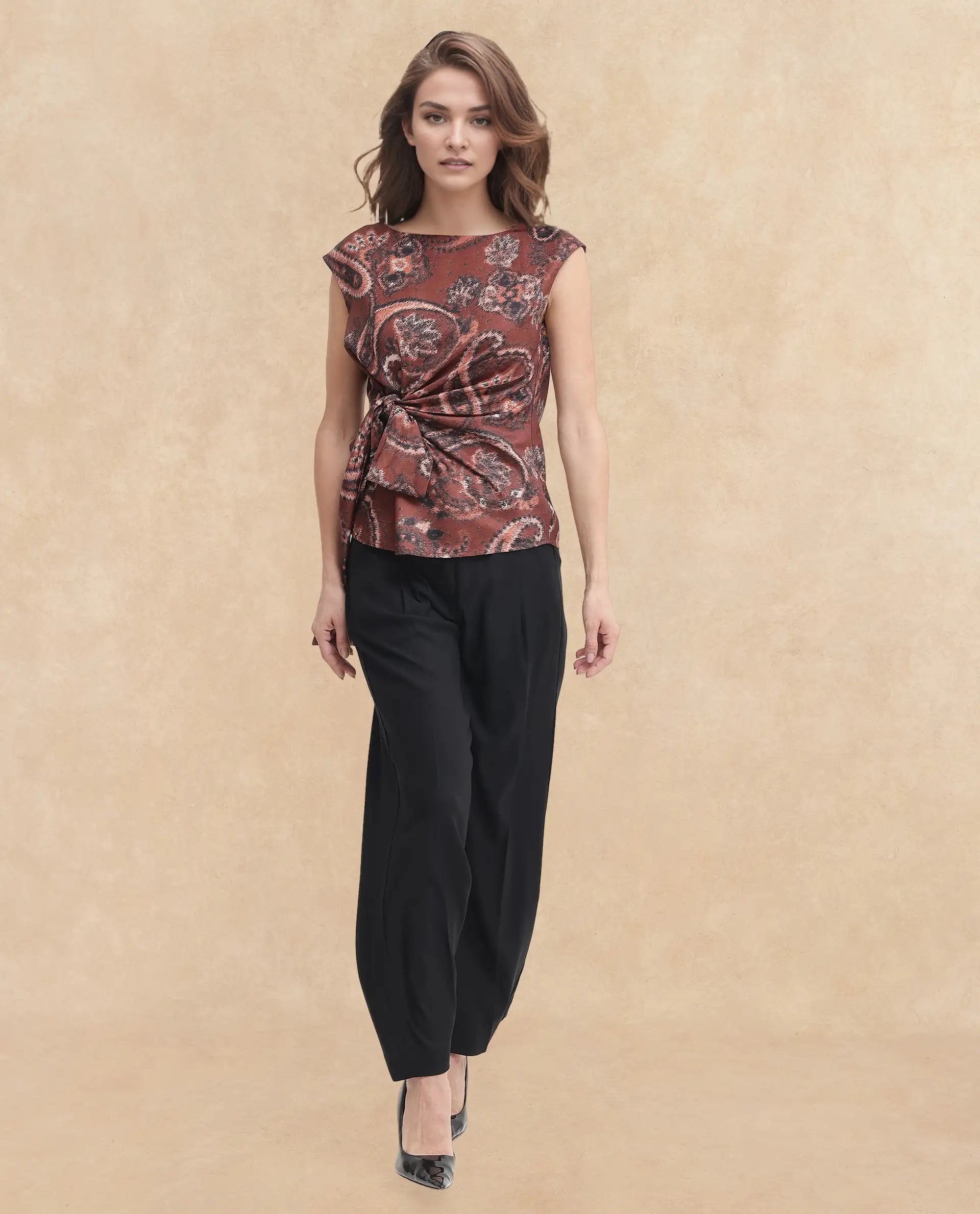 Rareism Women Levillet Brown Sleeveless Boat Neck Paisley Print Top