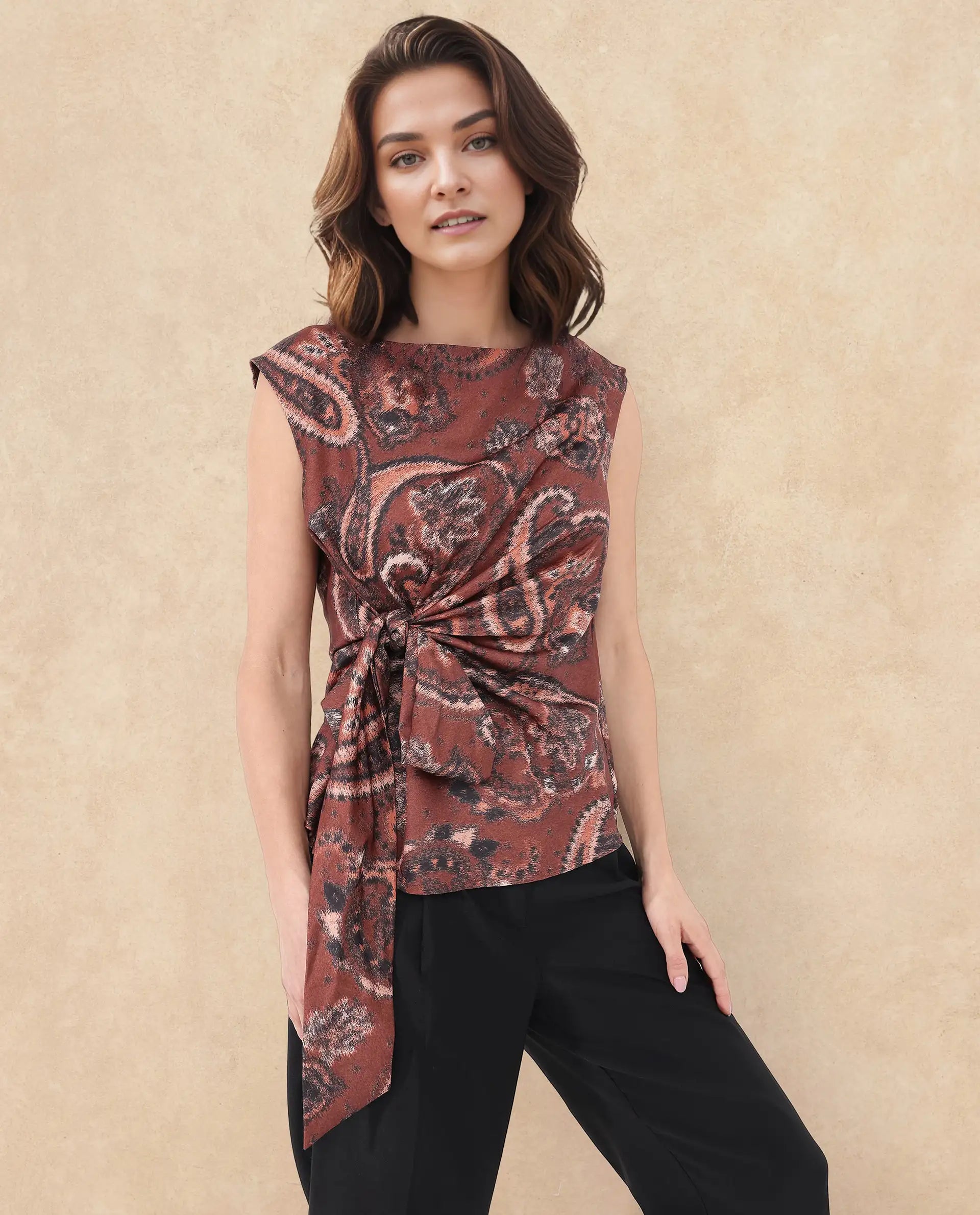 Rareism Women Levillet Brown Sleeveless Boat Neck Paisley Print Top