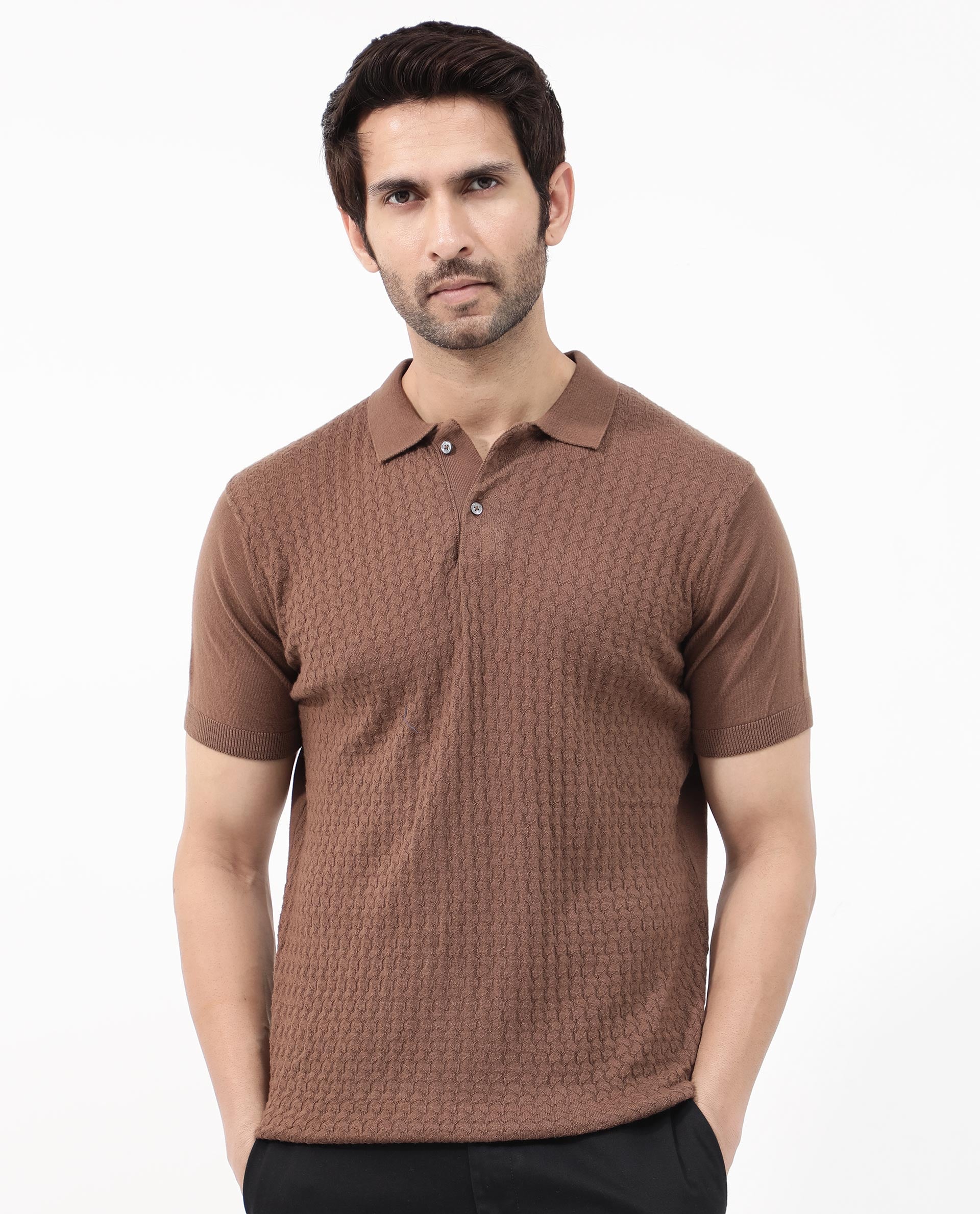 Rare Rabbit Men's Lincos Brown Cotton Fabric Collared Neck Half Sleeves Textured Polo T-Shirt