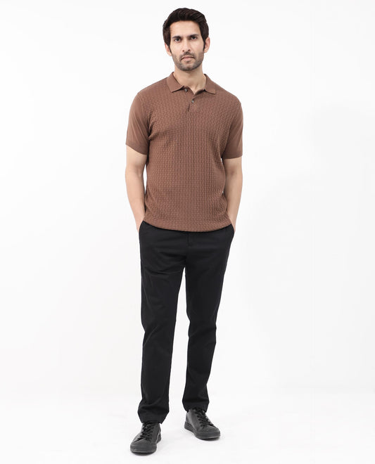 Rare Rabbit Men's Lincos Brown Cotton Fabric Collared Neck Half Sleeves Textured Polo T-Shirt