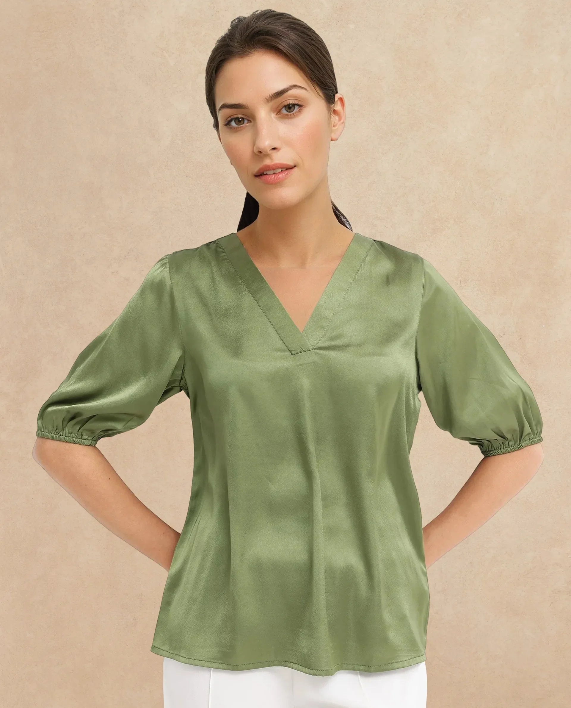 Rareism Women Linus Dark Green Polyester Fabric HALF Sleeve V-Neck Button Closure Solid Regular Fit Top