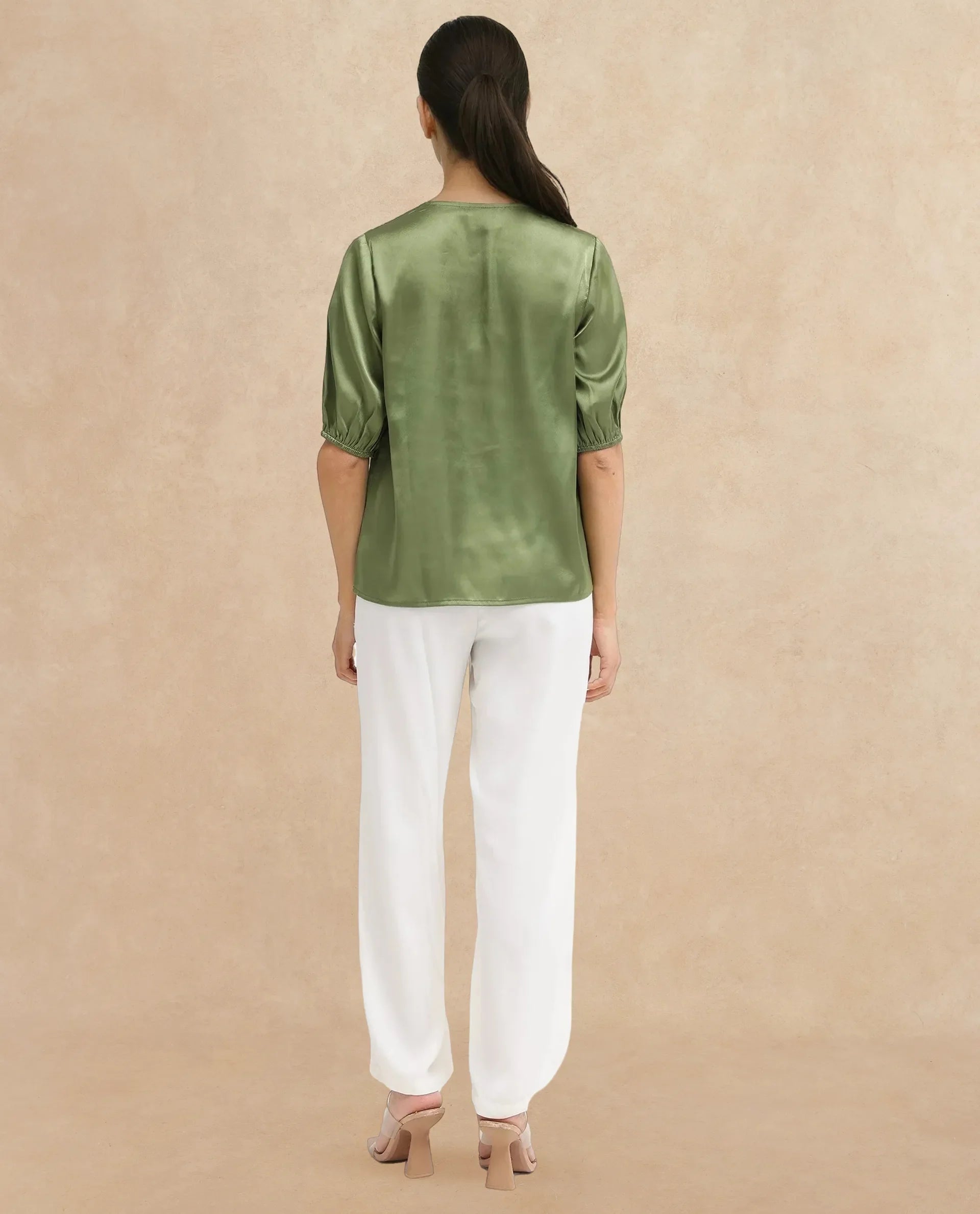 Rareism Women Linus Dark Green Polyester Fabric HALF Sleeve V-Neck Button Closure Solid Regular Fit Top