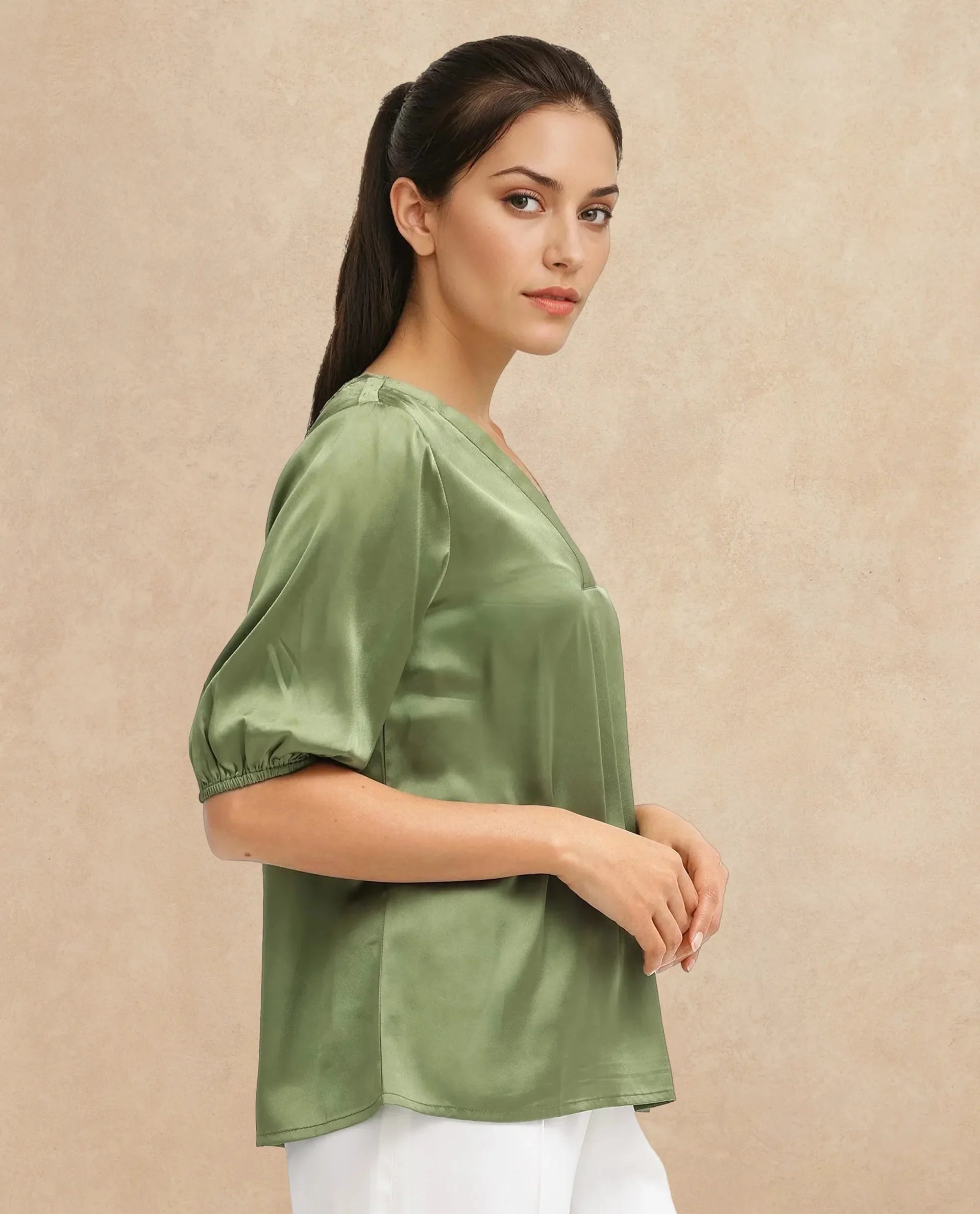 Rareism Women Linus Dark Green Polyester Fabric HALF Sleeve V-Neck Button Closure Solid Regular Fit Top