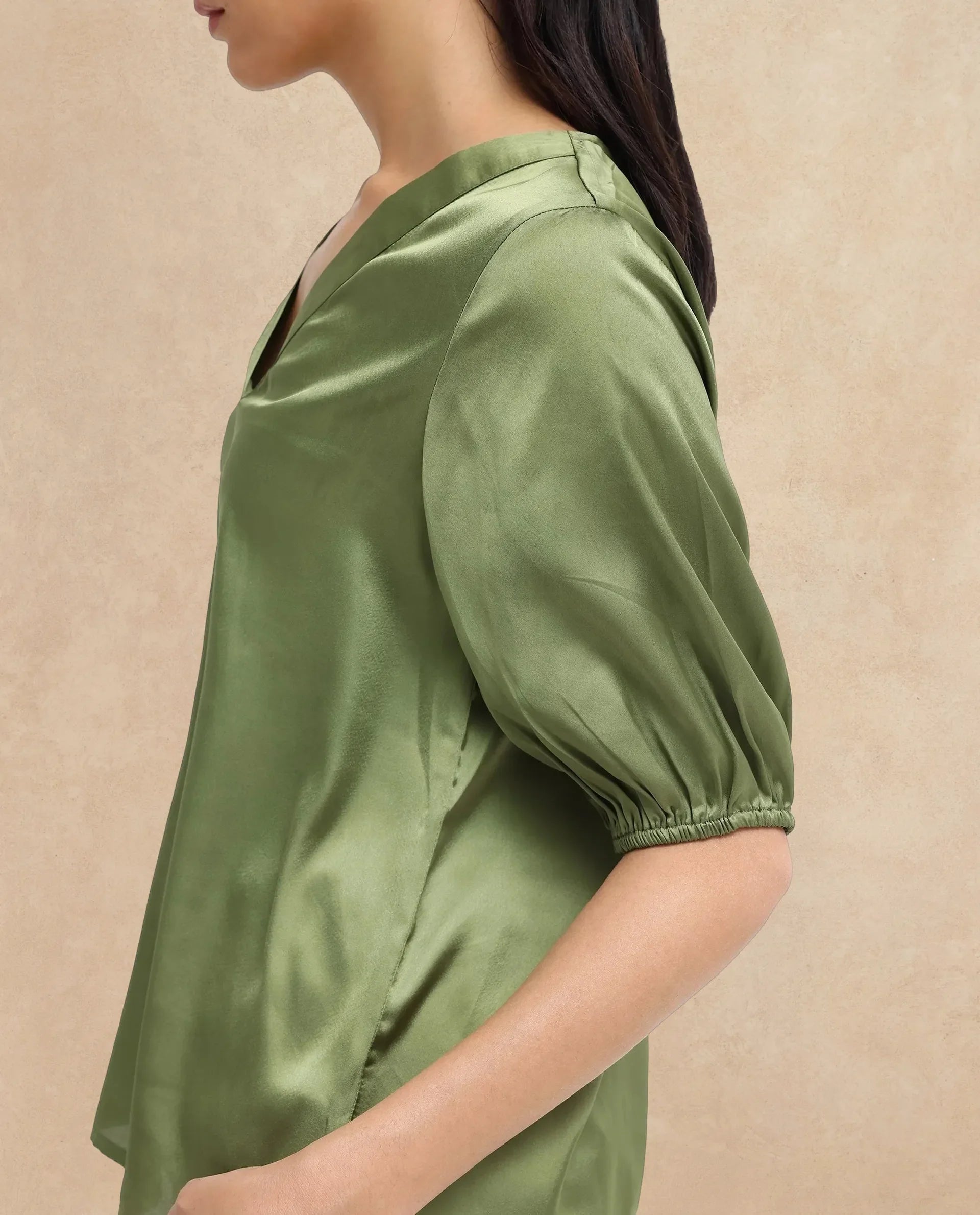 Rareism Women Linus Dark Green Polyester Fabric HALF Sleeve V-Neck Button Closure Solid Regular Fit Top