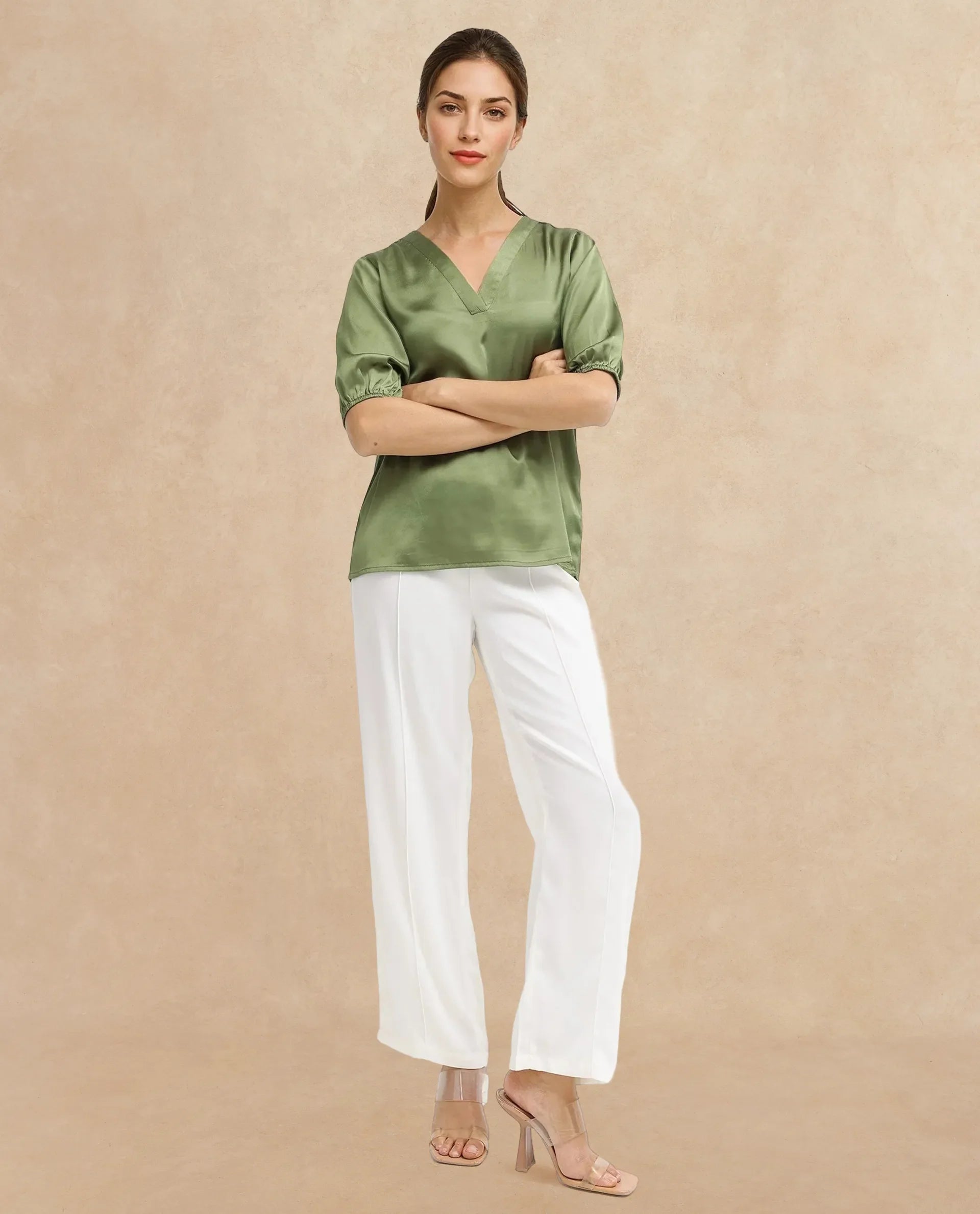 Rareism Women Linus Dark Green Polyester Fabric HALF Sleeve V-Neck Button Closure Solid Regular Fit Top