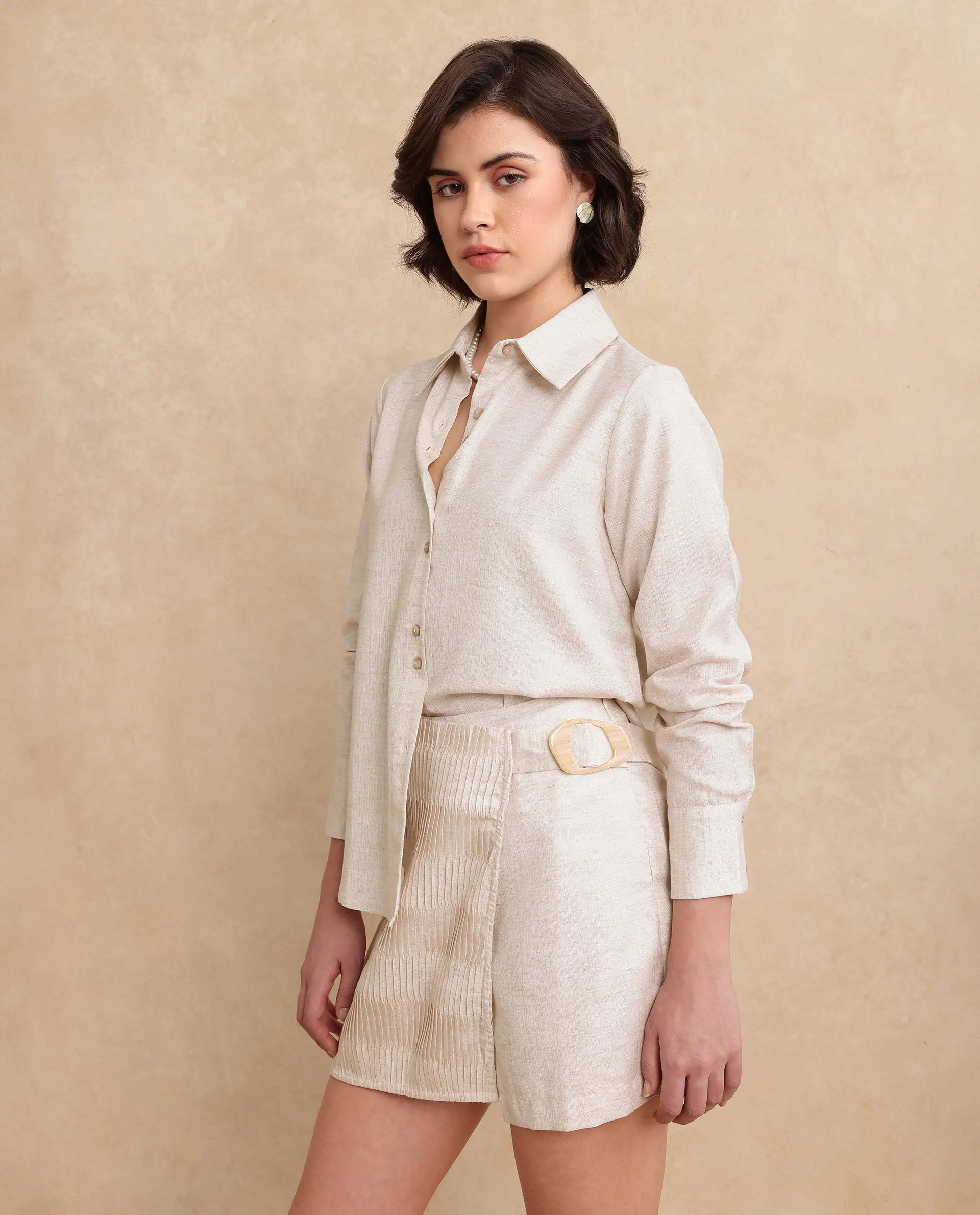 Rareism Women Lippta Beige Poly Blend Fabric Cuffed Sleeve Collared Neck Button Closure Plain Top