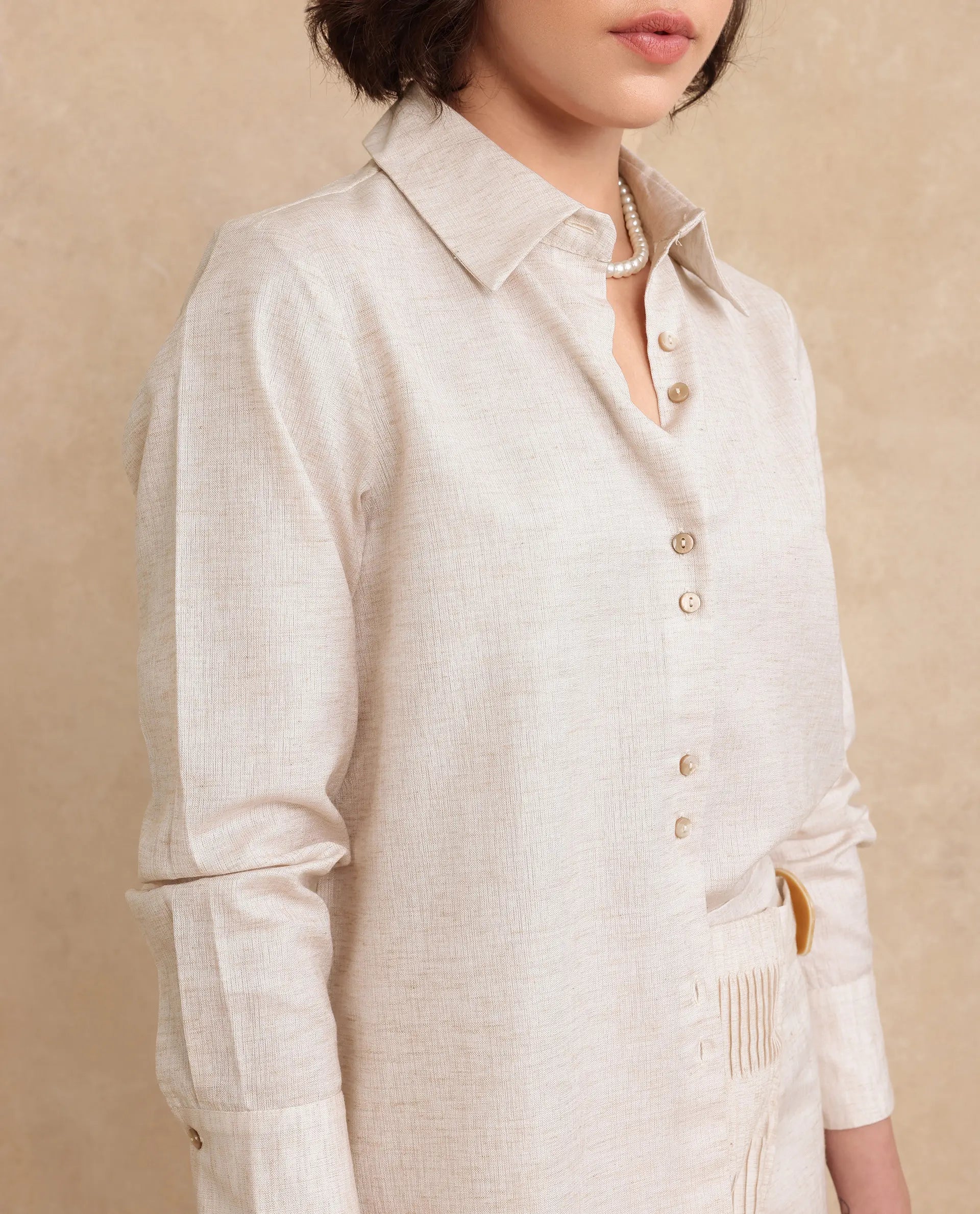 Rareism Women Lippta Beige Poly Blend Fabric Cuffed Sleeve Collared Neck Button Closure Plain Top