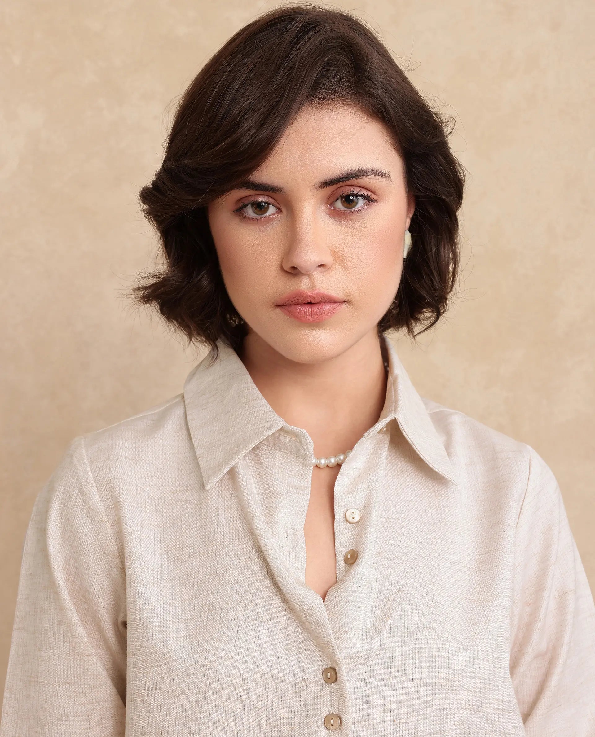 Rareism Women Lippta Beige Poly Blend Fabric Cuffed Sleeve Collared Neck Button Closure Plain Top