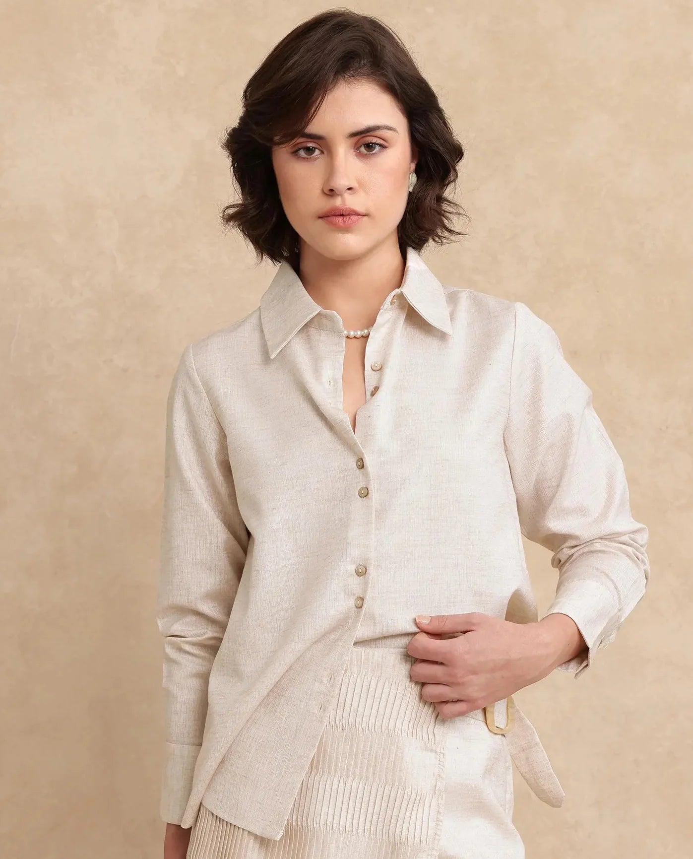 Rareism Women Lippta Beige Poly Blend Fabric Cuffed Sleeve Collared Neck Button Closure Plain Top