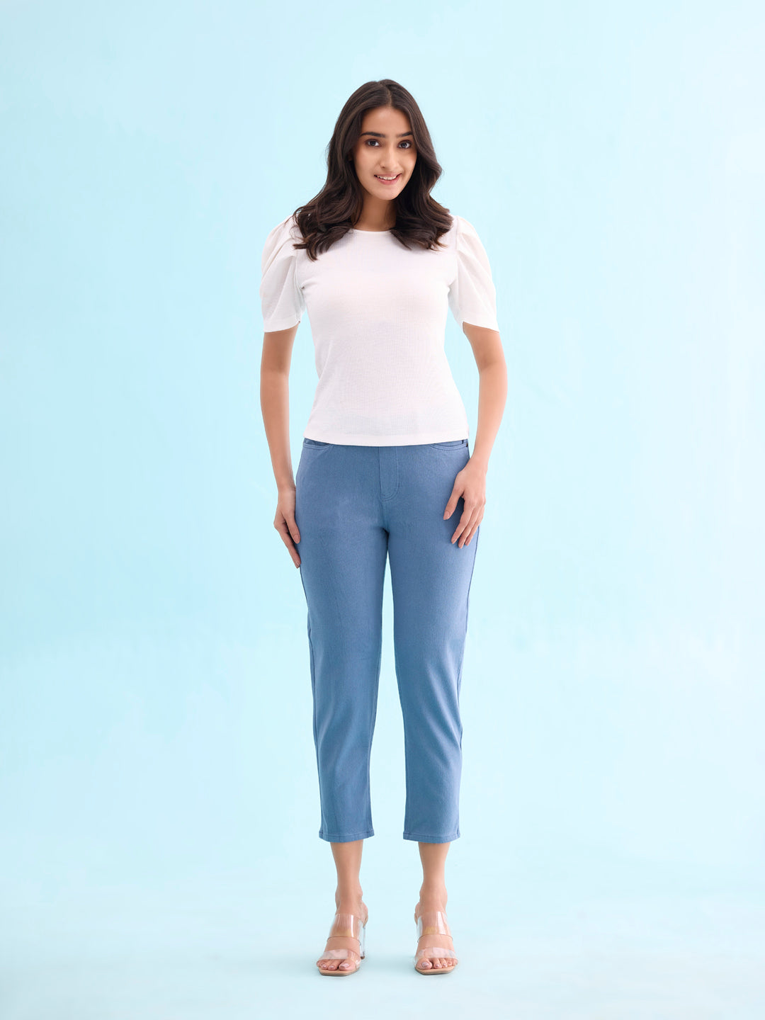 Jeans Blue Cotton Poly Stretch Cropped Colored Jeggings
