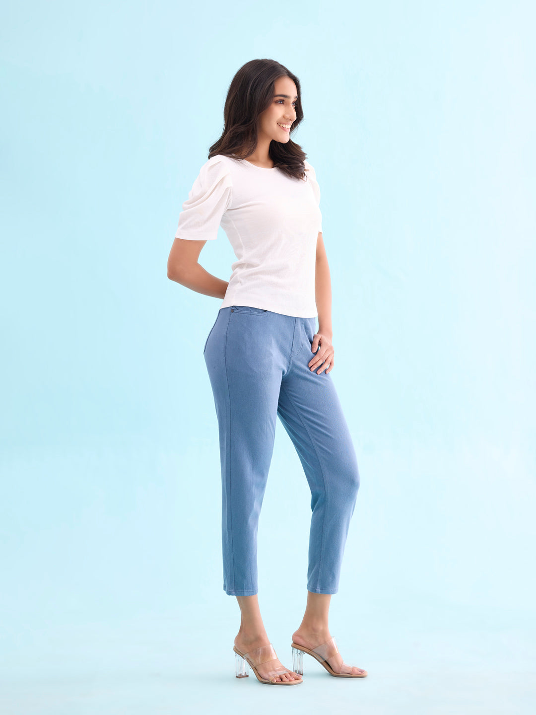 Jeans Blue Cotton Poly Stretch Cropped Colored Jeggings