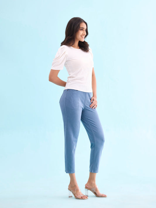 Jeans Blue Cotton Poly Stretch Cropped Colored Jeggings