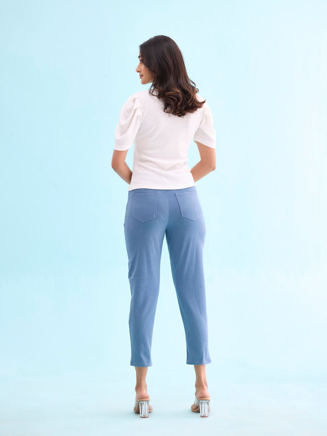 Jeans Blue Cotton Poly Stretch Cropped Colored Jeggings