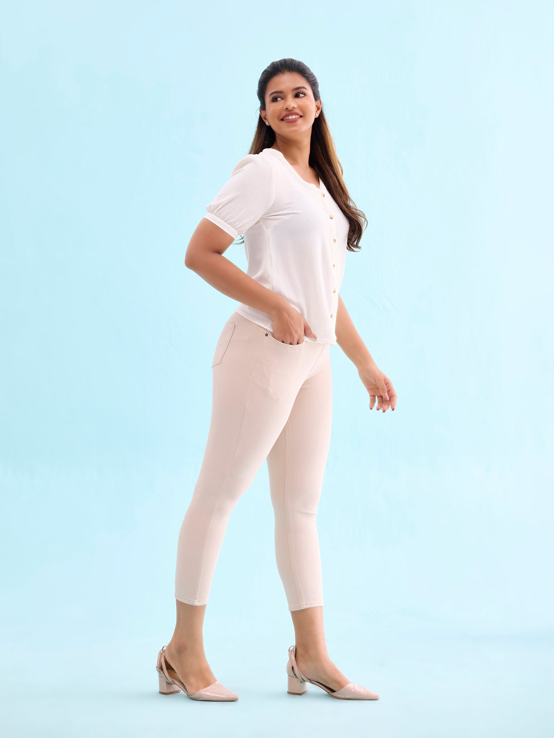 Light Beige Cotton Poly Stretch Cropped Colored Jeggings