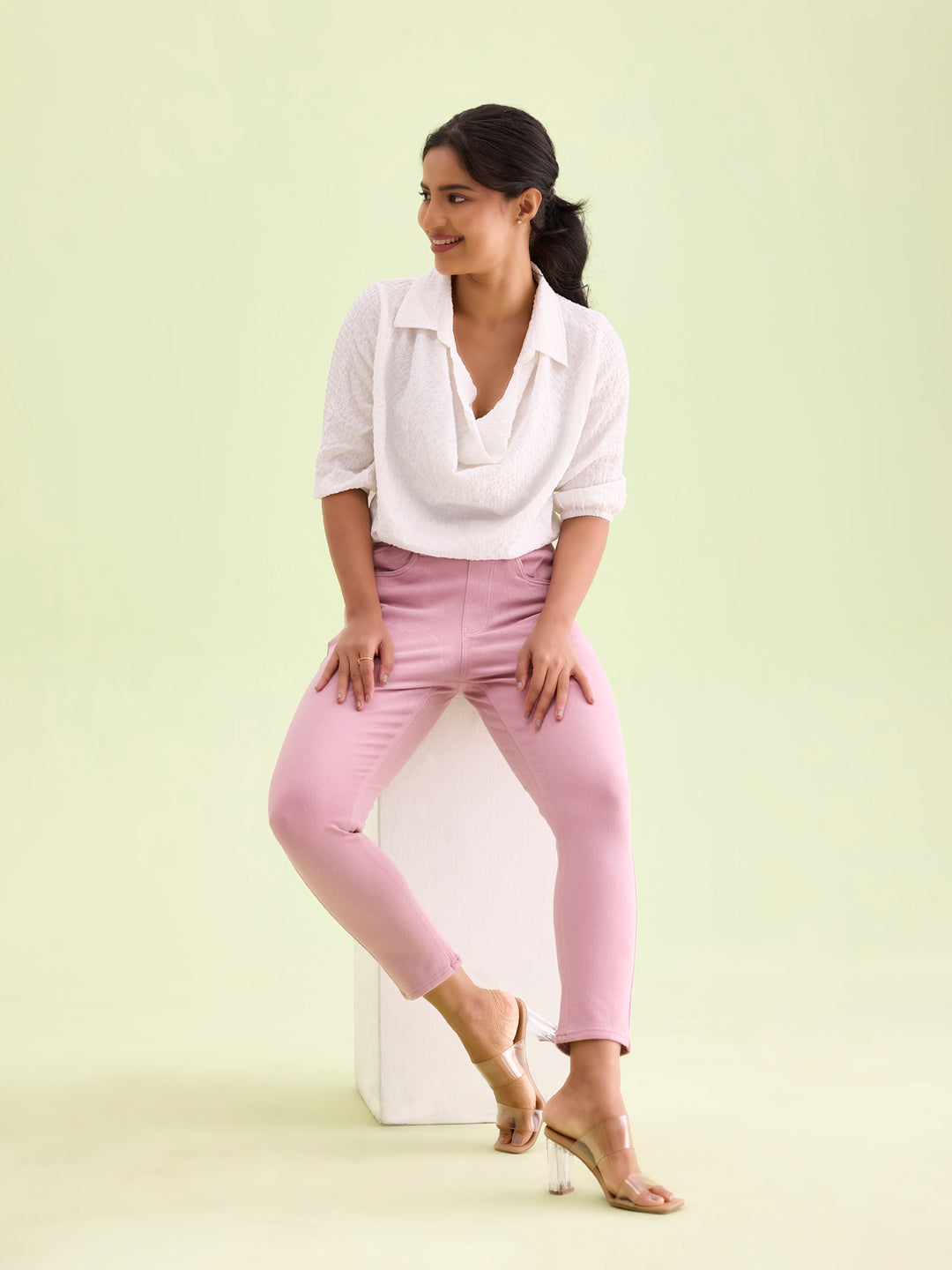 Light Pink Cotton Poly Stretch Cropped Colored Jeggings