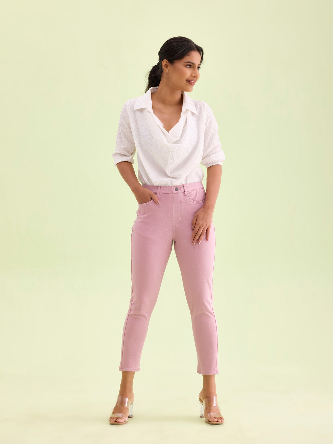 Light Pink Cotton Poly Stretch Cropped Colored Jeggings