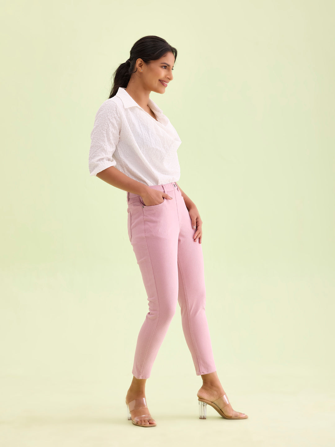 Light Pink Cotton Poly Stretch Cropped Colored Jeggings