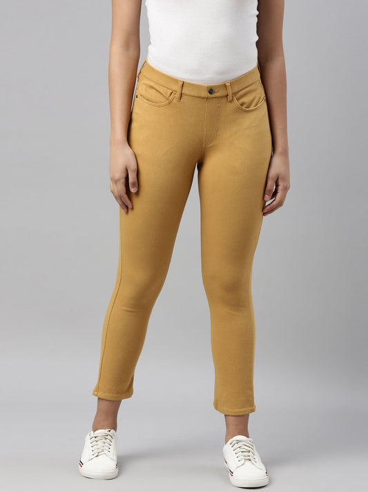 Mustard Cotton Poly Stretch Cropped Colored Jeggings