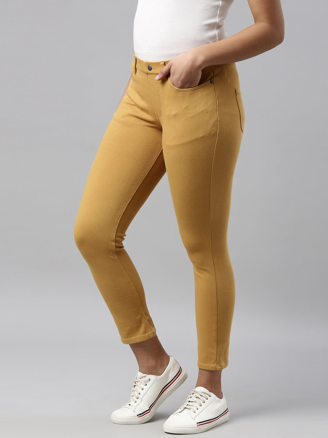 Mustard Cotton Poly Stretch Cropped Colored Jeggings