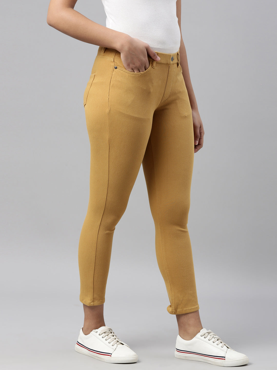 Mustard Cotton Poly Stretch Cropped Colored Jeggings
