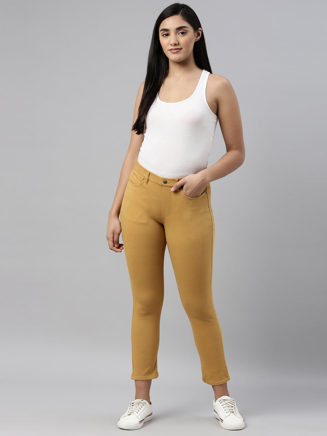 Mustard Cotton Poly Stretch Cropped Colored Jeggings