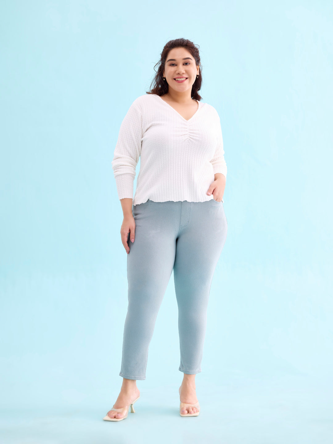 Sky Blue Cotton Poly Stretch Cropped Colored Jeggings