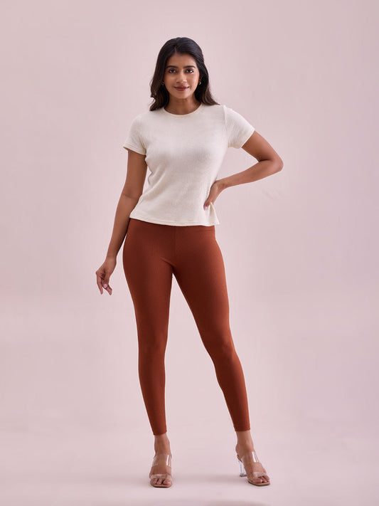 Dark Brown Drop Needle Fabric Rib Leggings