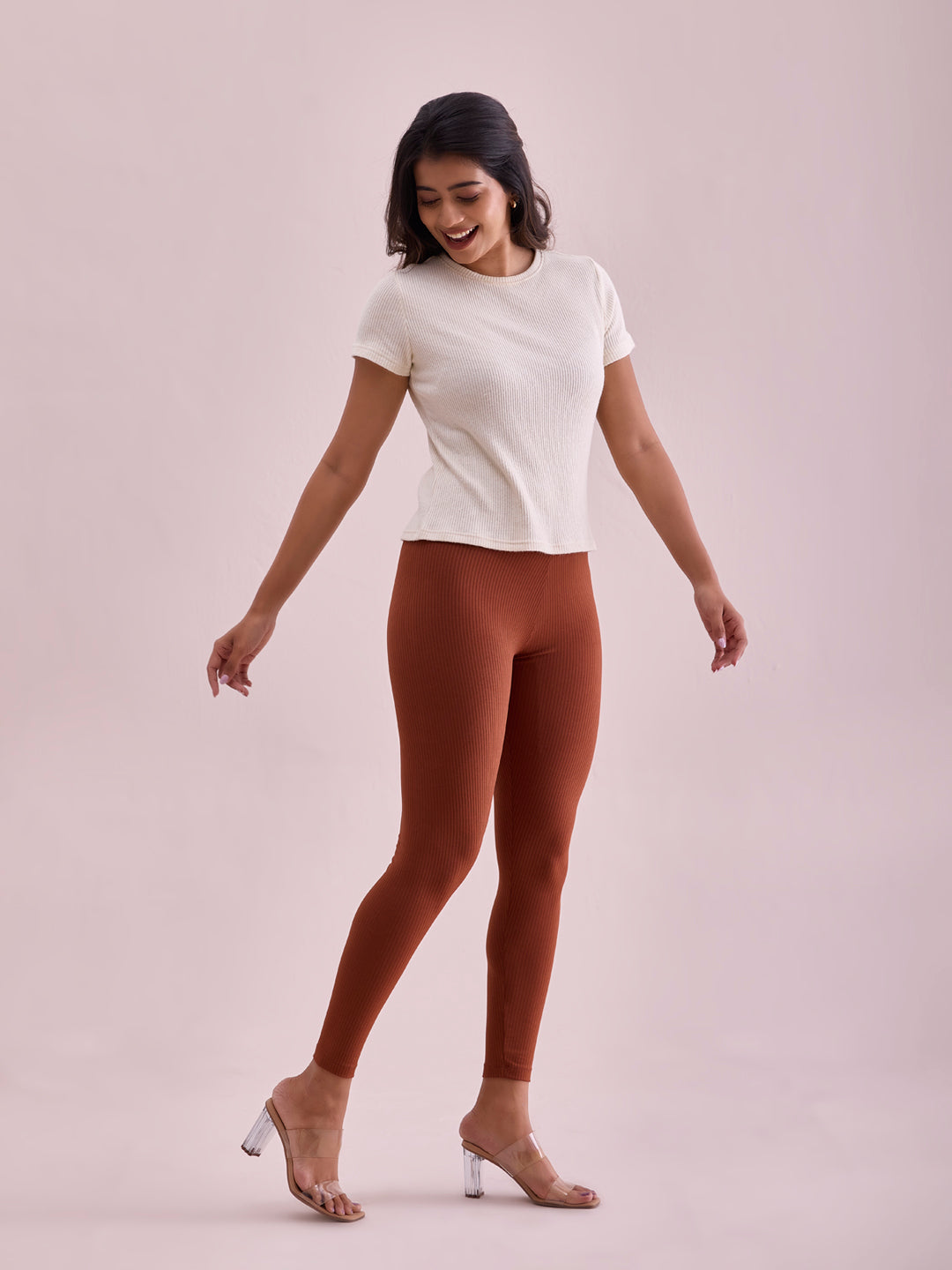 Dark Brown Drop Needle Fabric Rib Leggings